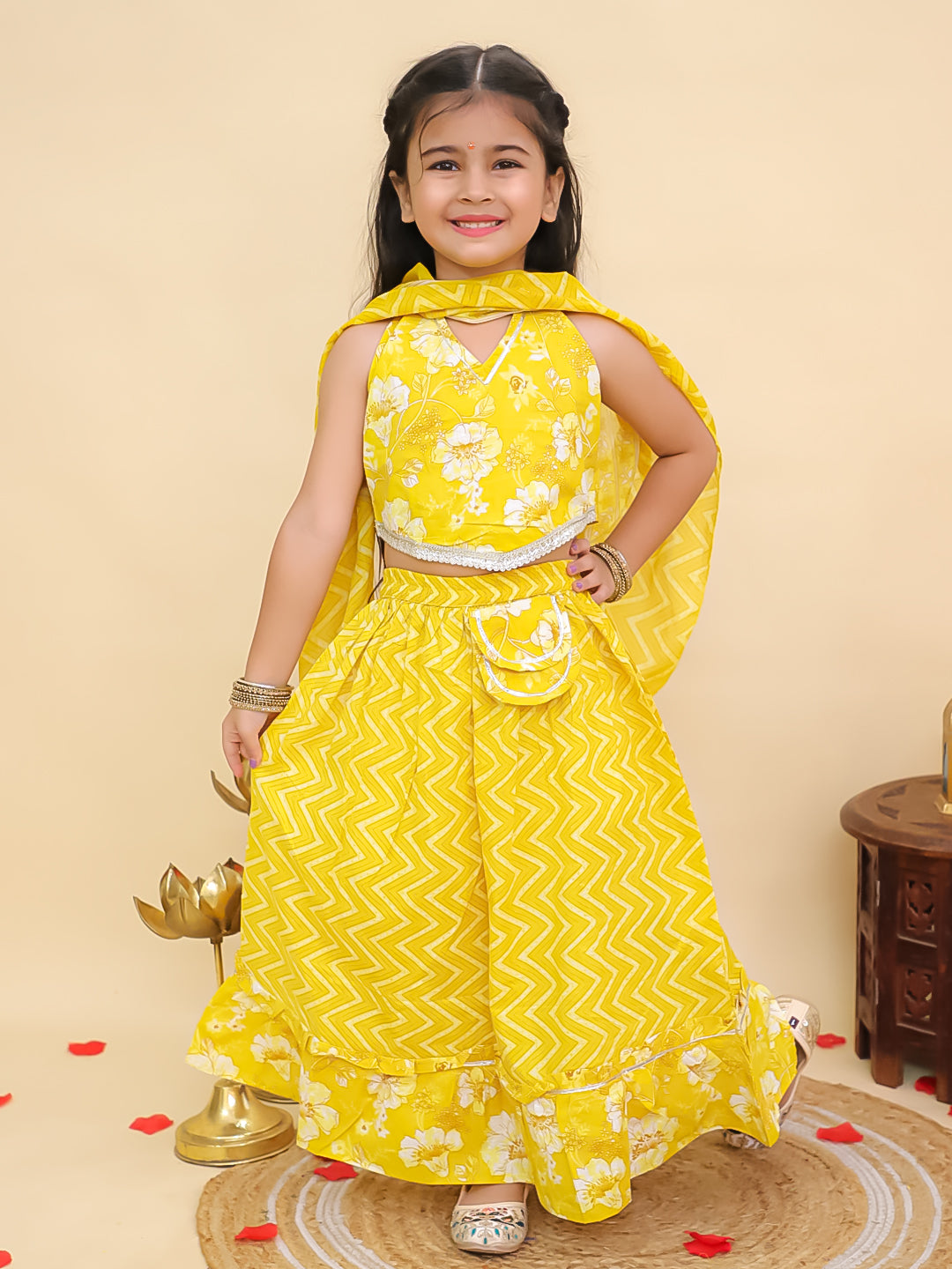 Boys Yellow Cotton Full sleeves Zig-Zag Printed Kurta Pyjama Set and Yellow Cotton Sleeveless Floral Printed Lehenga Choli for Girls - Sibling Set - AJ Dezines
