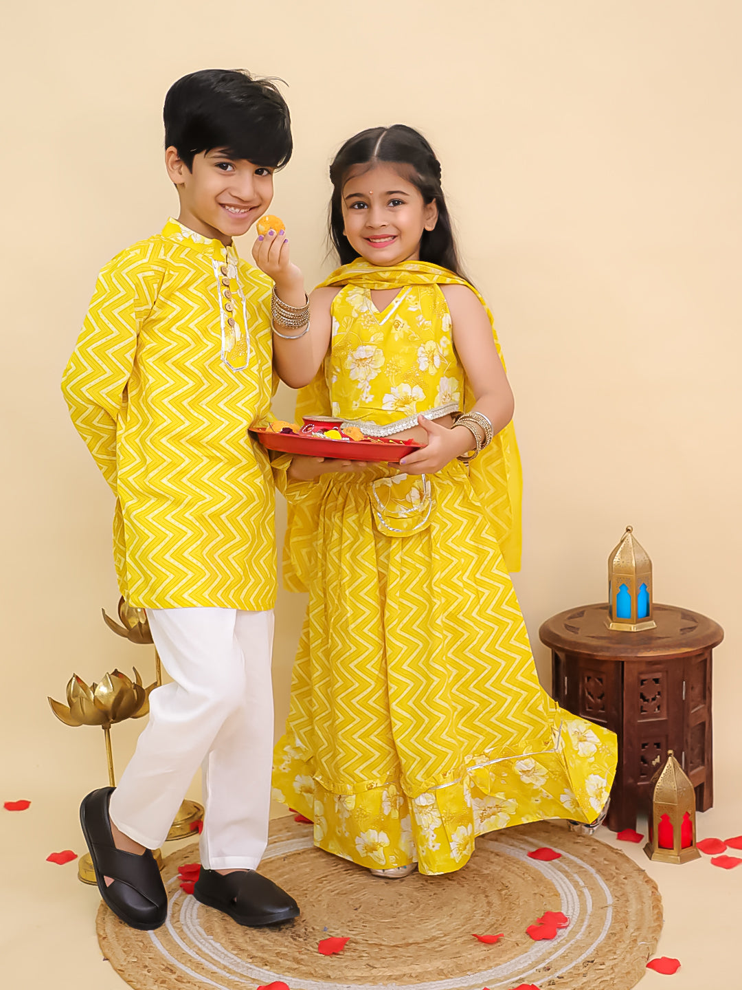 Boys Yellow Cotton Full sleeves Zig-Zag Printed Kurta Pyjama Set and Yellow Cotton Sleeveless Floral Printed Lehenga Choli for Girls - Sibling Set - AJ Dezines