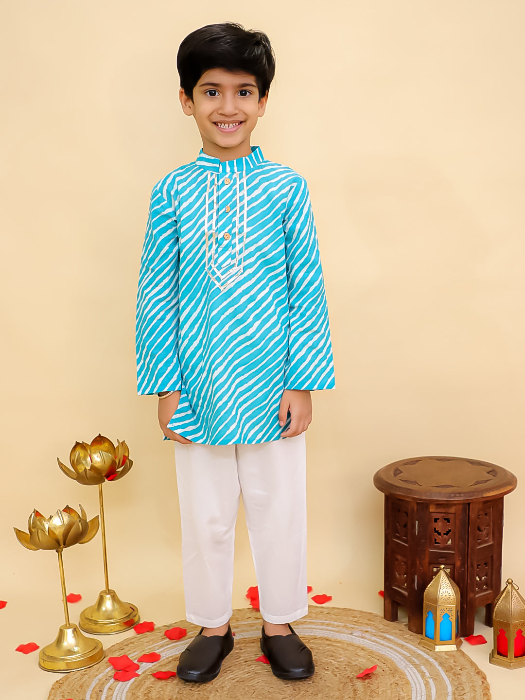 Blue Cotton Full sleeves Leheriya Print Kurta Pyjama Set - AJ Dezines