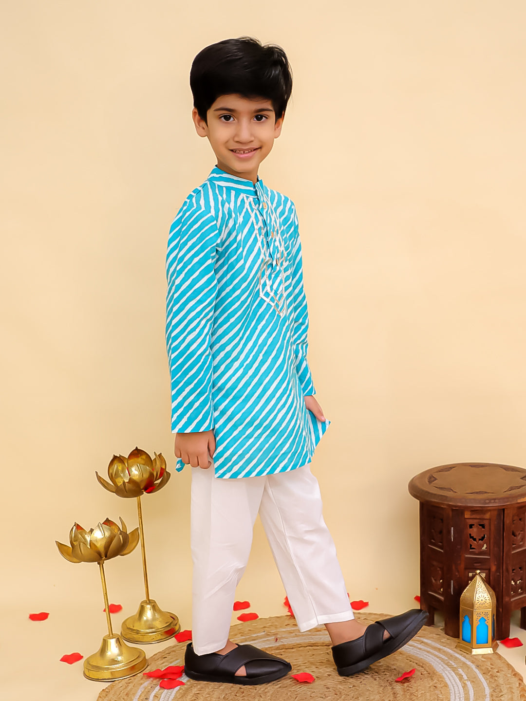 Blue Cotton Full sleeves Leheriya Print Kurta Pyjama Set - AJ Dezines