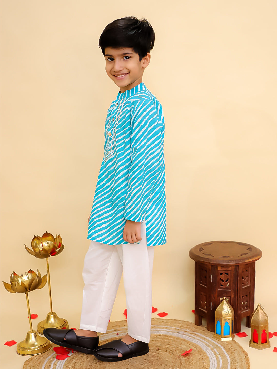 Blue Cotton Full sleeves Leheriya Print Kurta Pyjama Set - AJ Dezines