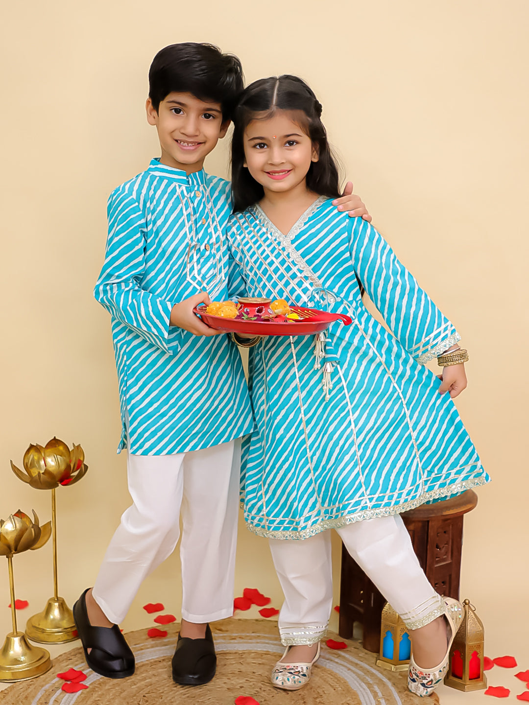 Boys Blue Cotton Full sleeves Leheriya Print Kurta Pyjama Set and Blue Cotton 3/4th Sleeves Leheriya Print Girls Suit Set - Sibling Set - AJ Dezines