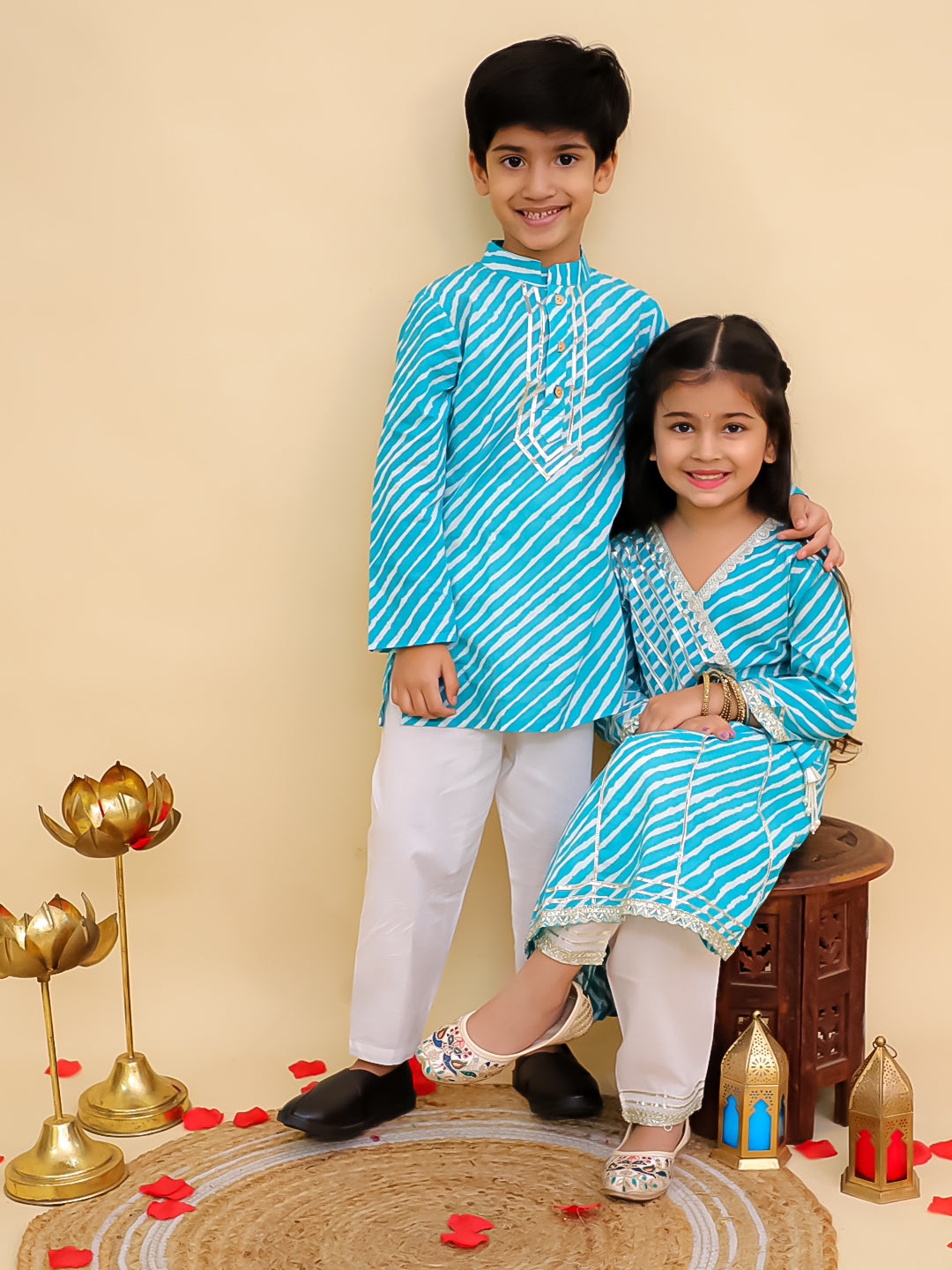Boys Blue Cotton Full sleeves Leheriya Print Kurta Pyjama Set and Blue Cotton 3/4th Sleeves Leheriya Print Girls Suit Set - Sibling Set - AJ Dezines