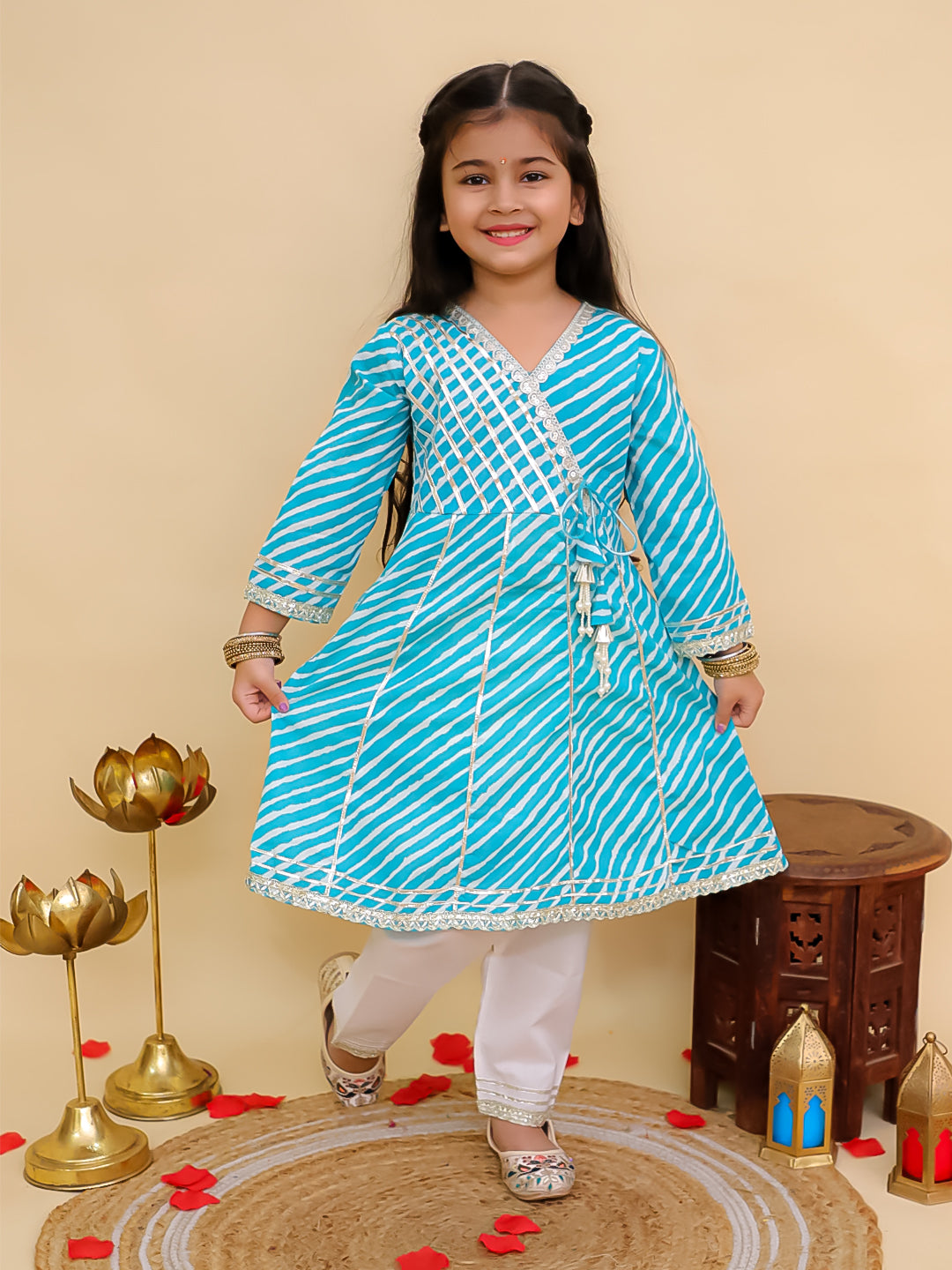 Boys Blue Cotton Full sleeves Leheriya Print Kurta Pyjama Set and Blue Cotton 3/4th Sleeves Leheriya Print Girls Suit Set - Sibling Set - AJ Dezines