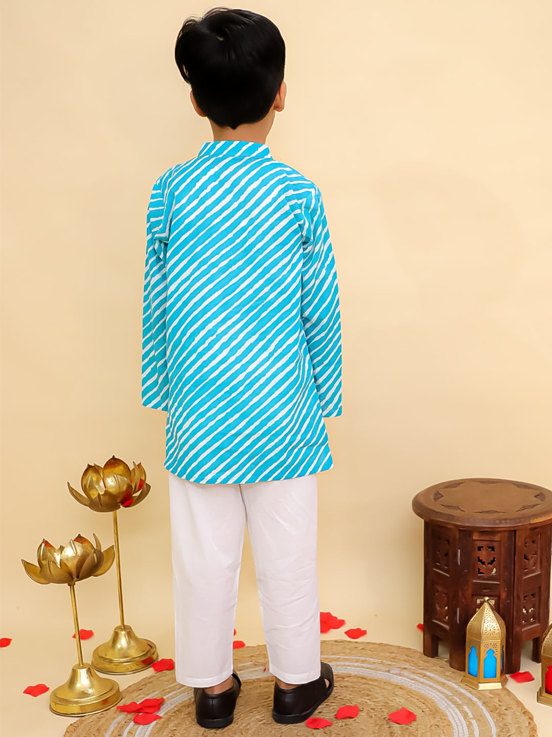 Boys Blue Cotton Full sleeves Leheriya Print Kurta Pyjama Set and Blue Cotton 3/4th Sleeves Leheriya Print Girls Suit Set - Sibling Set - AJ Dezines