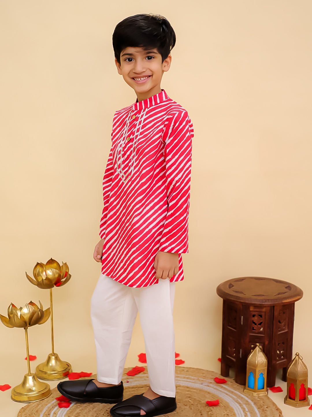 Red Cotton Full sleeves Leheriya Print Kurta Pyjama Set - AJ Dezines