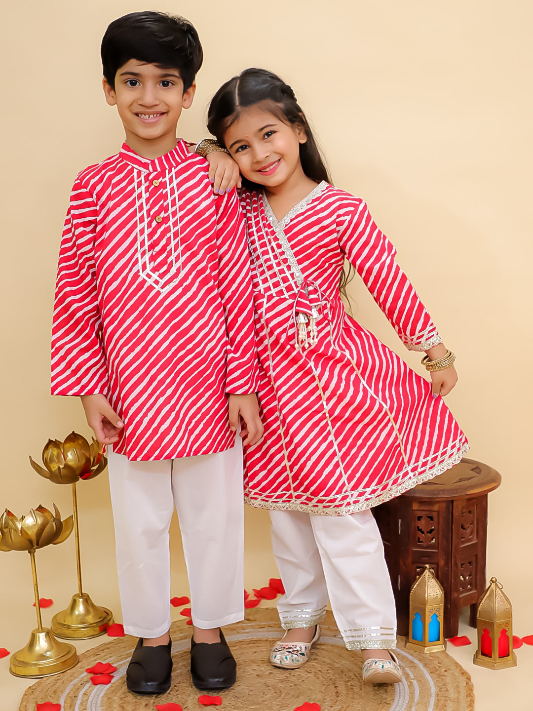 Boys Red Cotton Full sleeves Leheriya Print Kurta Pyjama Set and Red Cotton 3/4th Sleeves Leheriya Print Girls Suit Set - Sibling Set - AJ Dezines