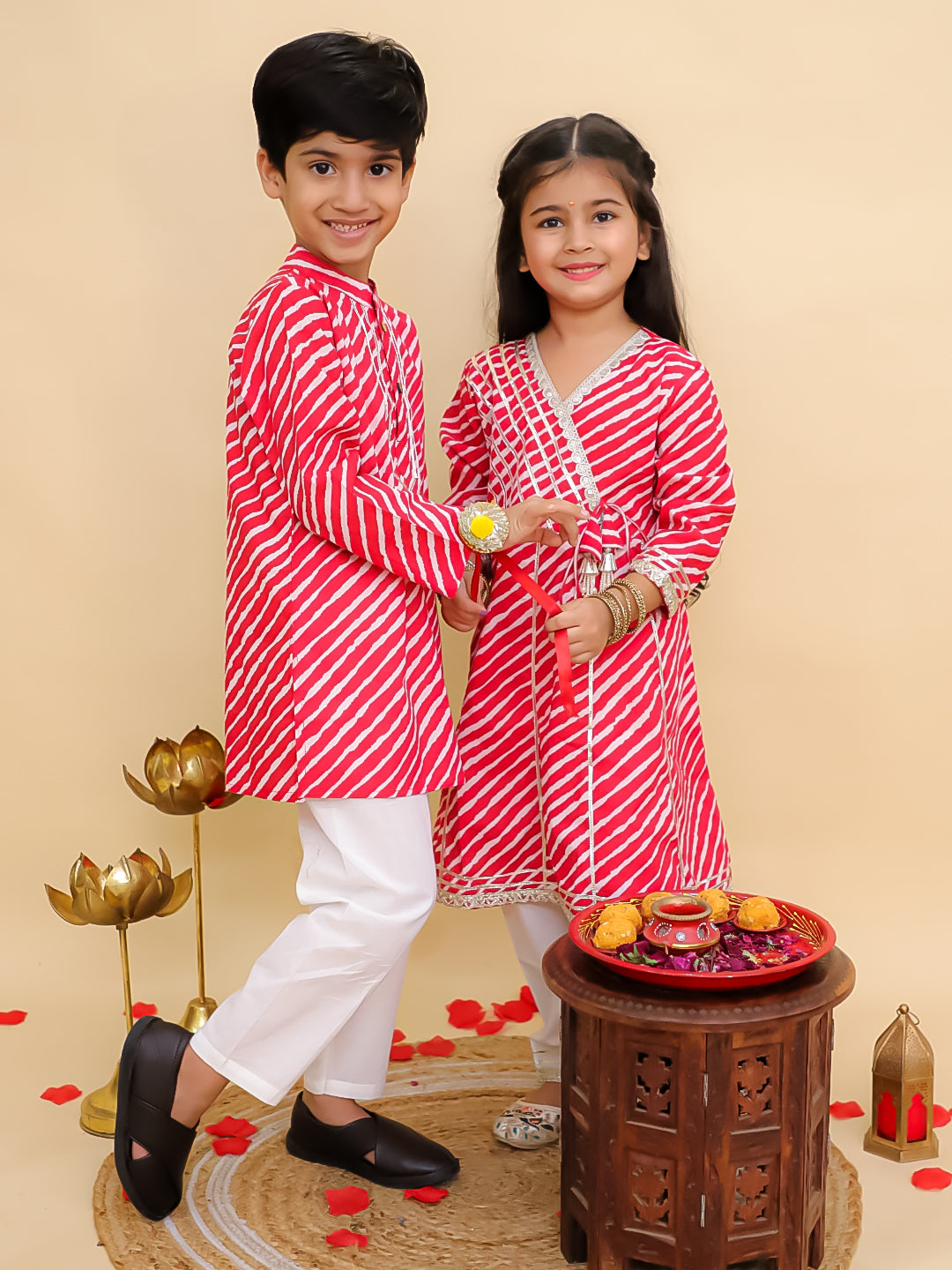 Boys Red Cotton Full sleeves Leheriya Print Kurta Pyjama Set and Red Cotton 3/4th Sleeves Leheriya Print Girls Suit Set - Sibling Set - AJ Dezines