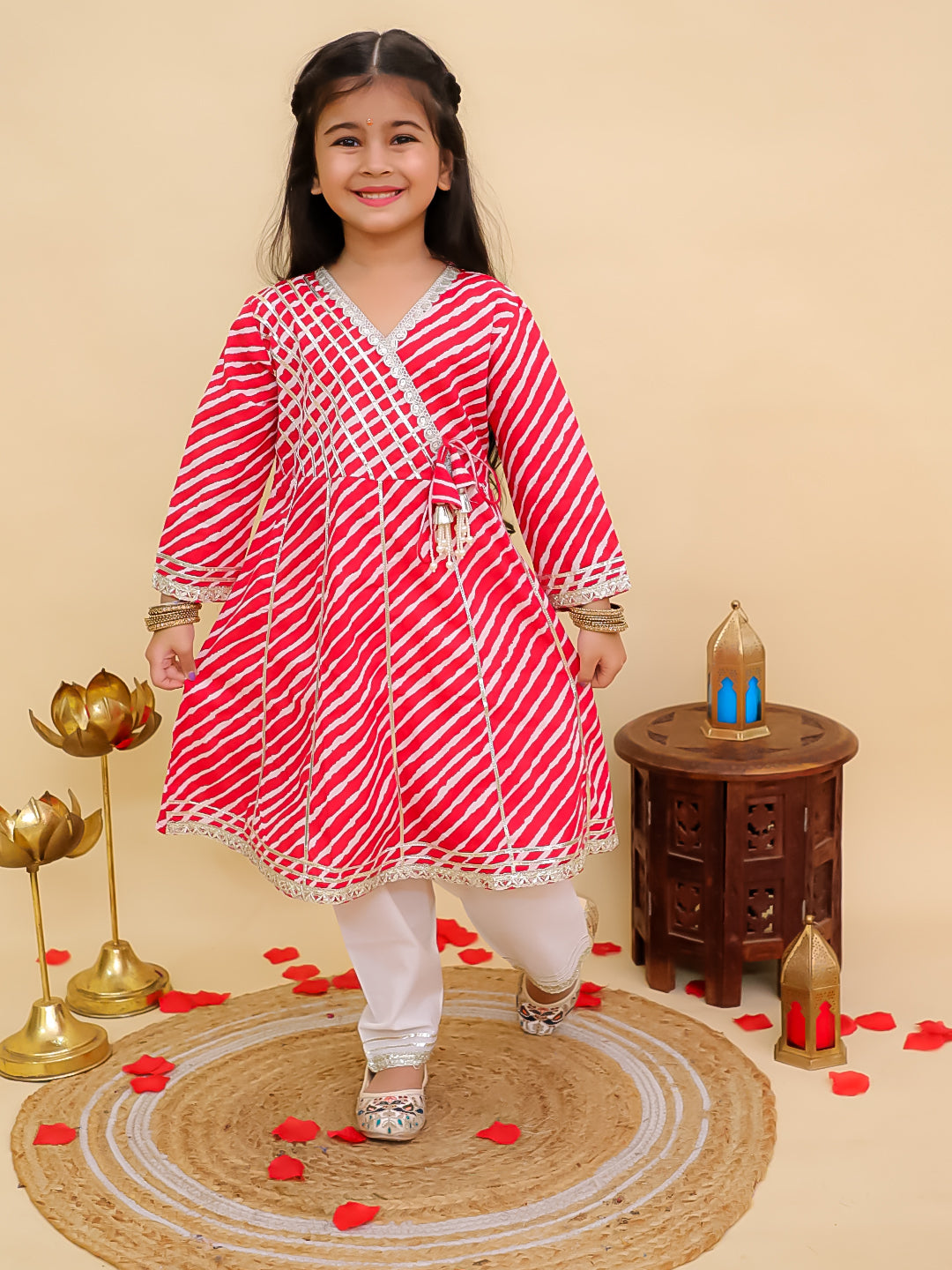 Boys Red Cotton Full sleeves Leheriya Print Kurta Pyjama Set and Red Cotton 3/4th Sleeves Leheriya Print Girls Suit Set - Sibling Set - AJ Dezines