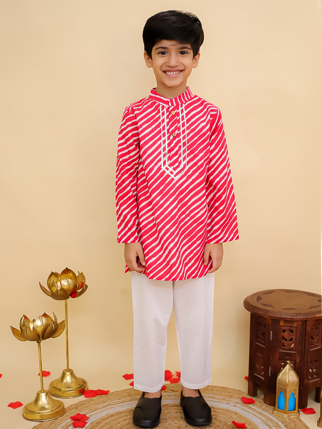 Boys Red Cotton Full sleeves Leheriya Print Kurta Pyjama Set and Red Cotton 3/4th Sleeves Leheriya Print Girls Suit Set - Sibling Set - AJ Dezines