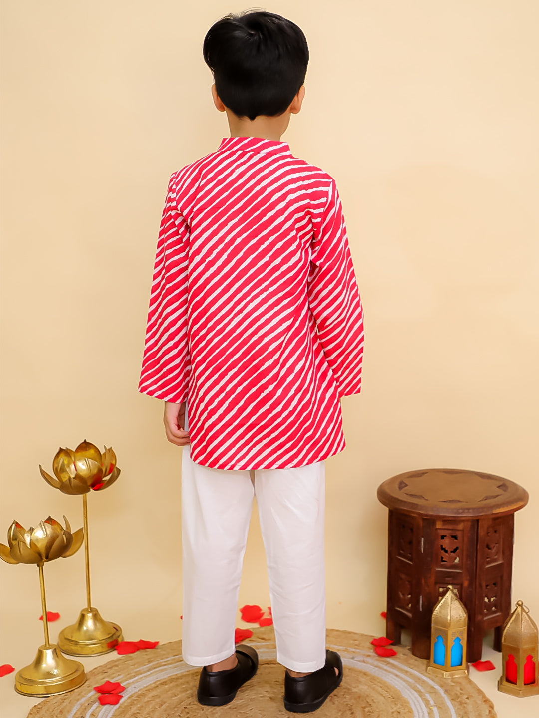 Boys Red Cotton Full sleeves Leheriya Print Kurta Pyjama Set and Red Cotton 3/4th Sleeves Leheriya Print Girls Suit Set - Sibling Set - AJ Dezines