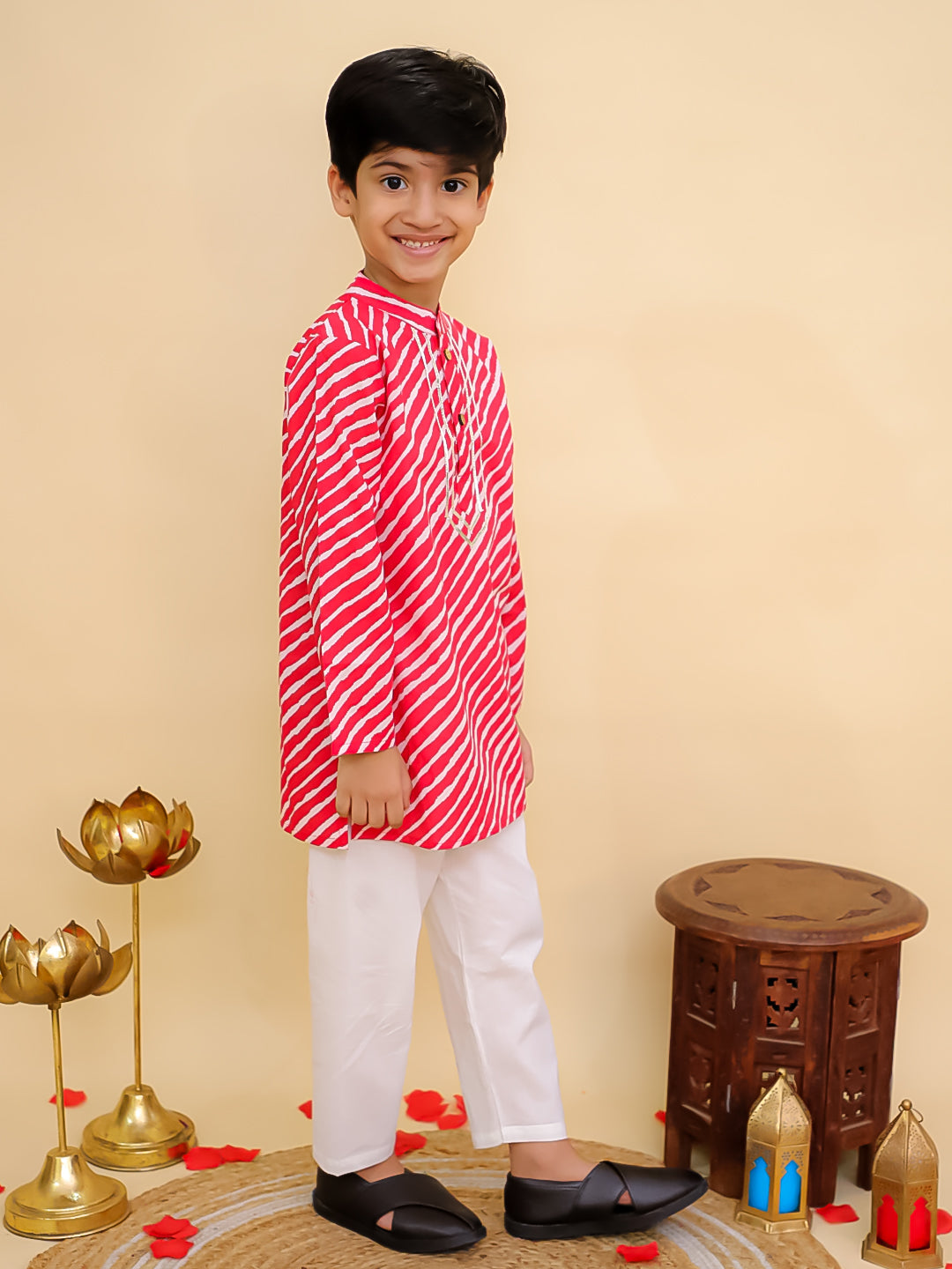 Boys Red Cotton Full sleeves Leheriya Print Kurta Pyjama Set and Red Cotton 3/4th Sleeves Leheriya Print Girls Suit Set - Sibling Set - AJ Dezines