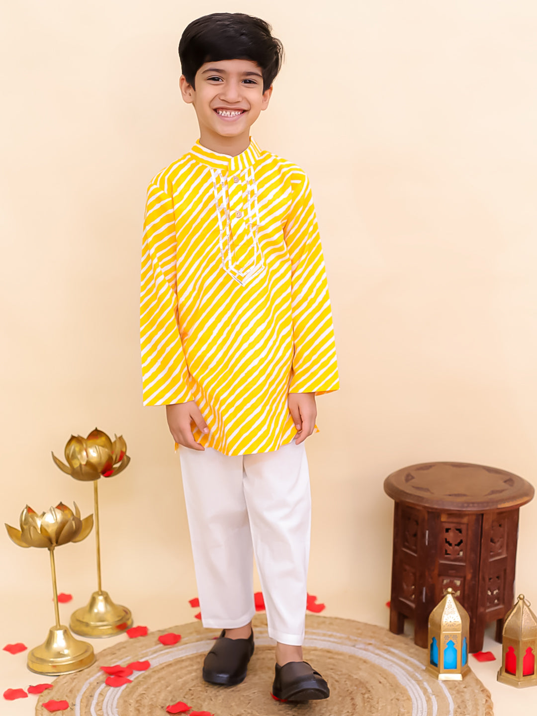 Yellow Cotton Full sleeves Leheriya Print Kurta Pyjama Set - AJ Dezines