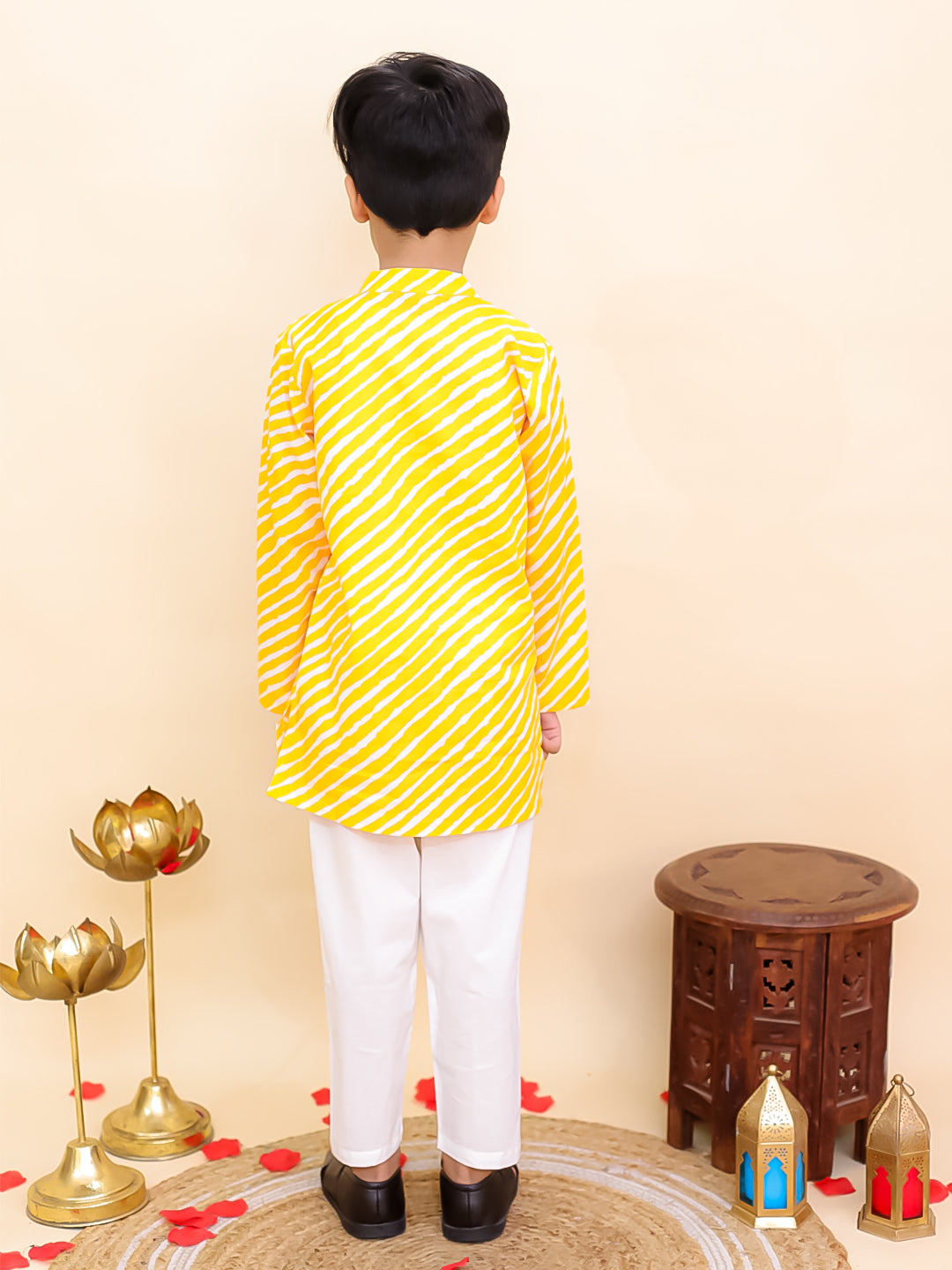 Yellow Cotton Full sleeves Leheriya Print Kurta Pyjama Set - AJ Dezines
