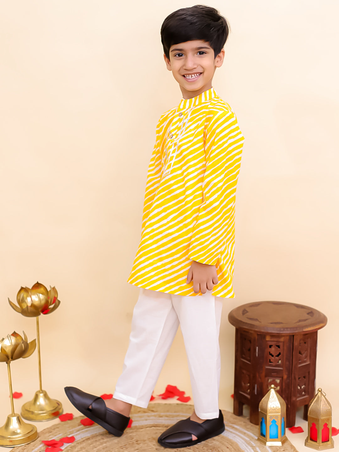 Yellow Cotton Full sleeves Leheriya Print Kurta Pyjama Set - AJ Dezines