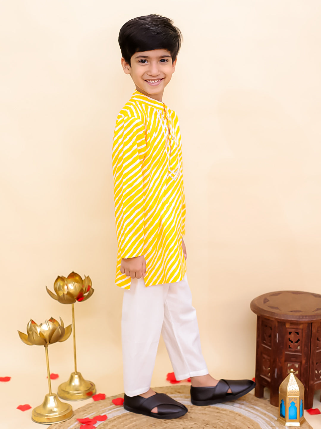Yellow Cotton Full sleeves Leheriya Print Kurta Pyjama Set - AJ Dezines