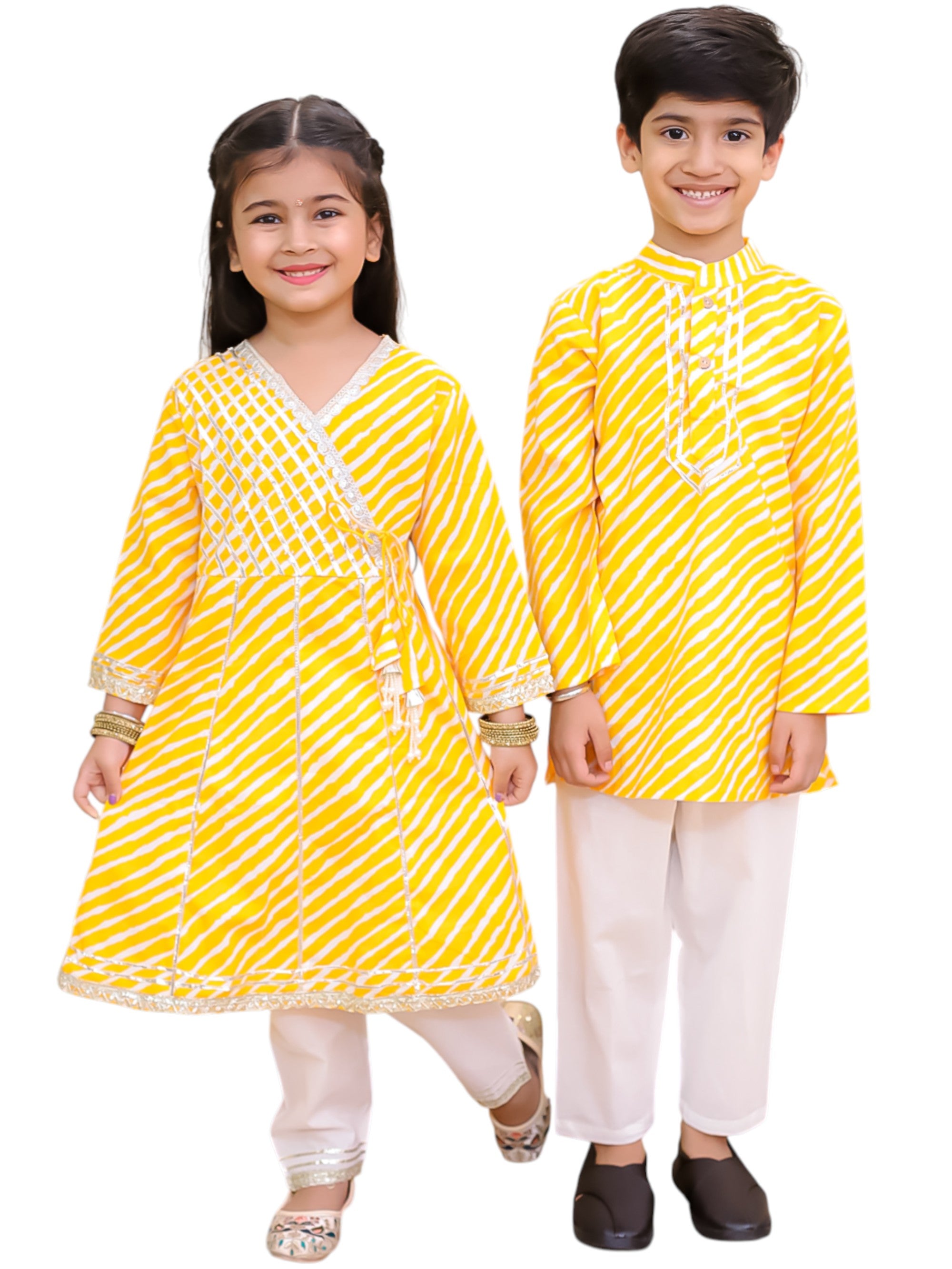 Boys Yellow Cotton Full sleeves Leheriya Print Kurta Pyjama Set and Yellow Cotton 3/4th Sleeves Leheriya Print Girls Suit Set - Sibling Set - AJ Dezines