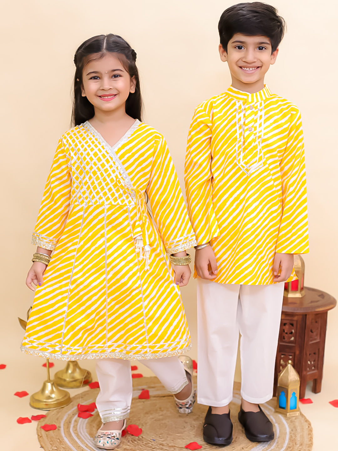 Boys Yellow Cotton Full sleeves Leheriya Print Kurta Pyjama Set and Yellow Cotton 3/4th Sleeves Leheriya Print Girls Suit Set - Sibling Set - AJ Dezines