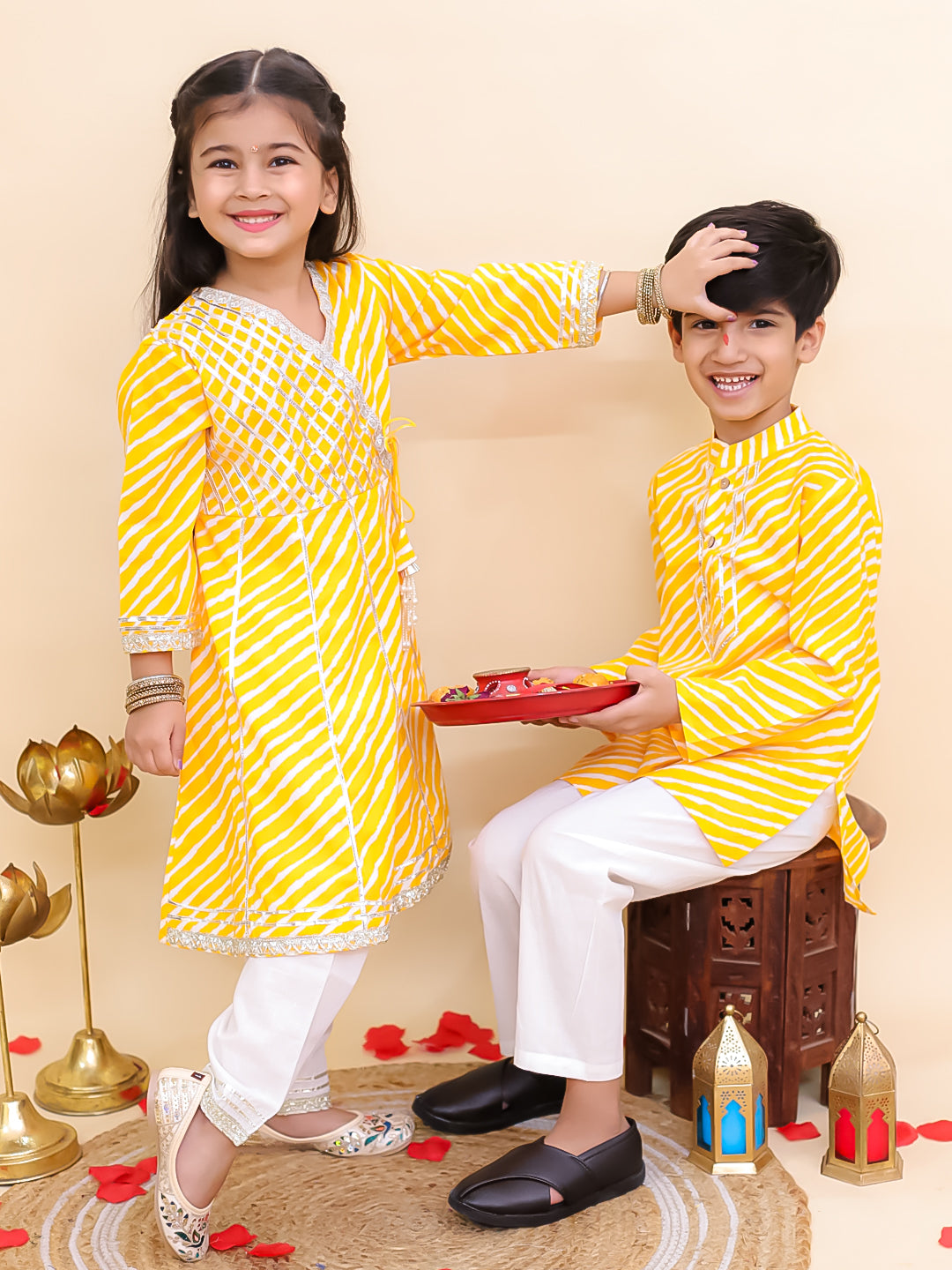 Boys Yellow Cotton Full sleeves Leheriya Print Kurta Pyjama Set and Yellow Cotton 3/4th Sleeves Leheriya Print Girls Suit Set - Sibling Set - AJ Dezines