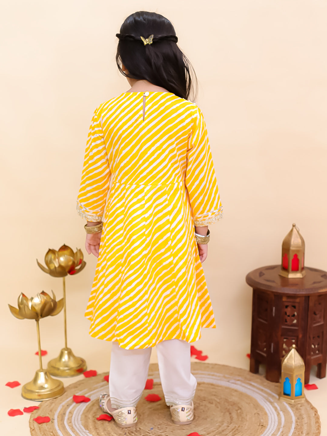 Boys Yellow Cotton Full sleeves Leheriya Print Kurta Pyjama Set and Yellow Cotton 3/4th Sleeves Leheriya Print Girls Suit Set - Sibling Set - AJ Dezines