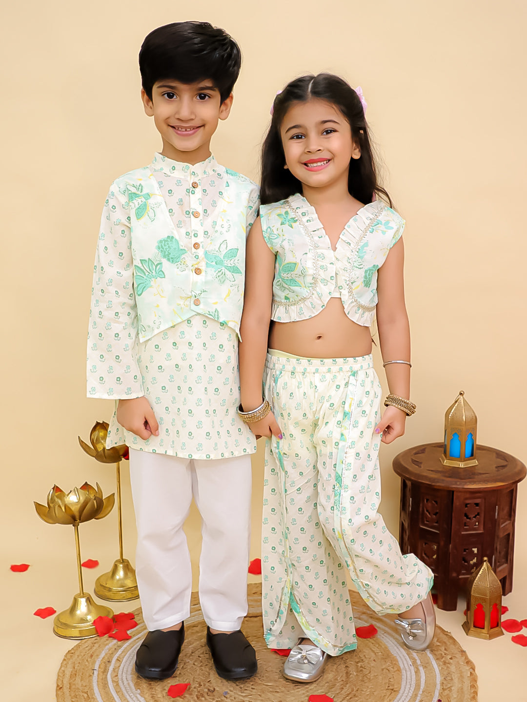 Boys Green Cotton Full sleeves Floral Print Kurta Pyjama Set and Green Cotton Sleeveless Floral Printed Girls Sibling Set - AJ Dezines