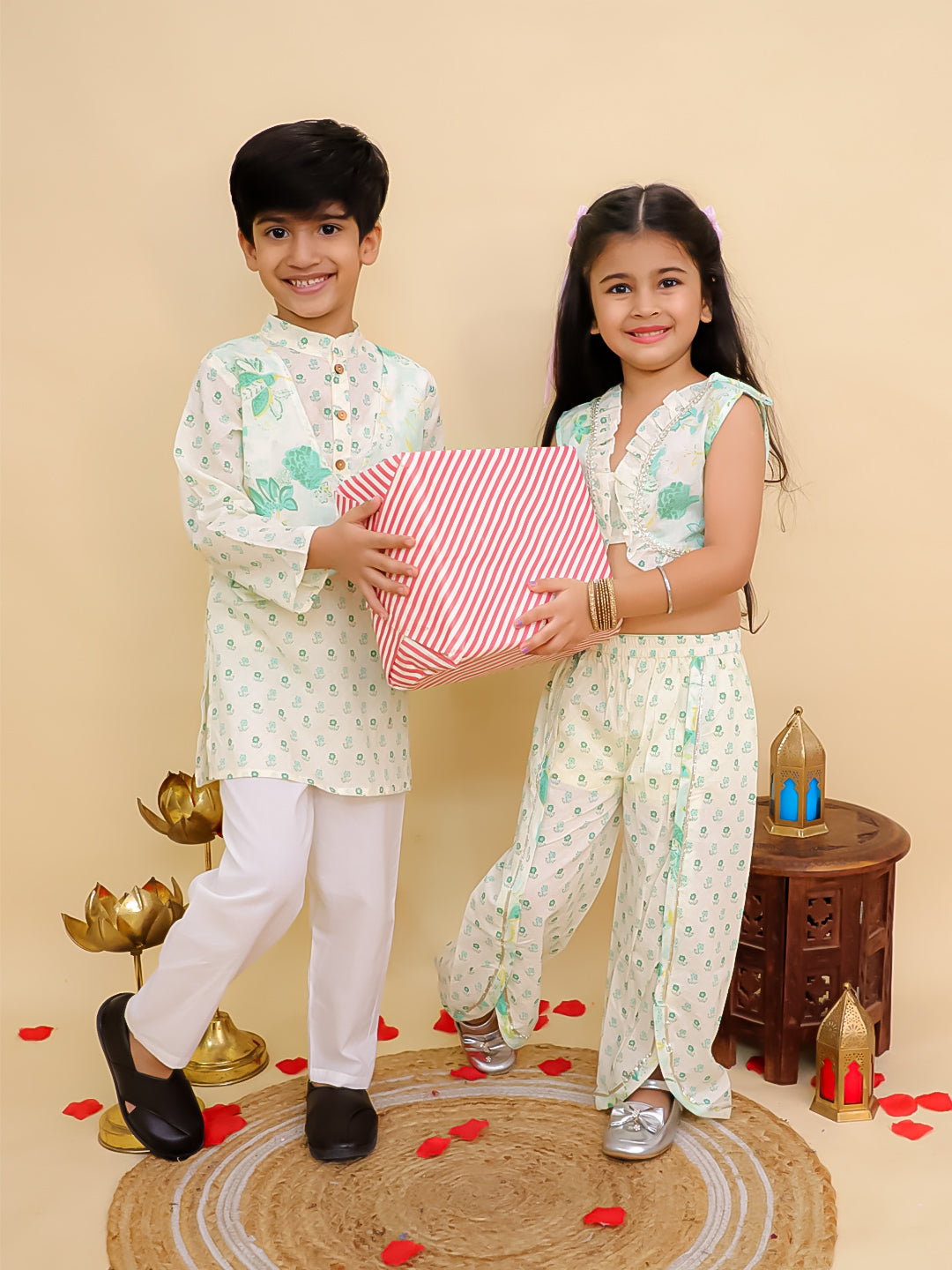 Boys Green Cotton Full sleeves Floral Print Kurta Pyjama Set and Green Cotton Sleeveless Floral Printed Girls Sibling Set - AJ Dezines