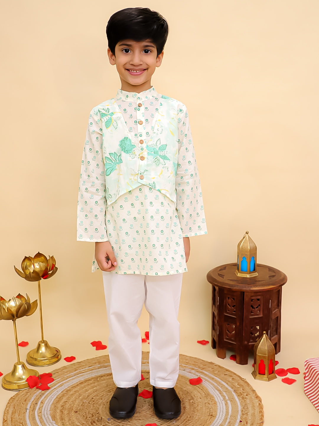 Boys Green Cotton Full sleeves Floral Print Kurta Pyjama Set and Green Cotton Sleeveless Floral Printed Girls Sibling Set - AJ Dezines