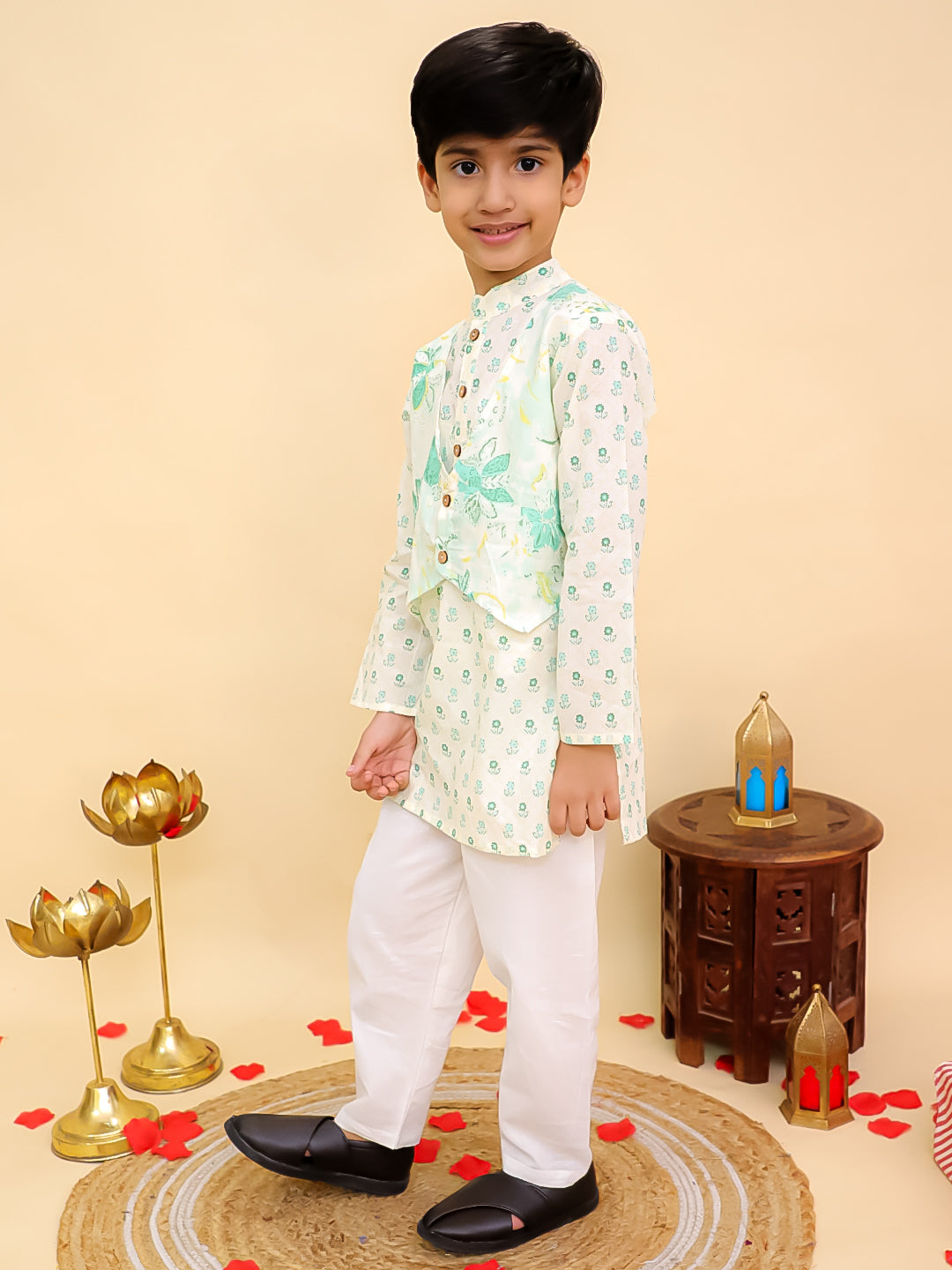 Boys Green Cotton Full sleeves Floral Print Kurta Pyjama Set and Green Cotton Sleeveless Floral Printed Girls Sibling Set - AJ Dezines
