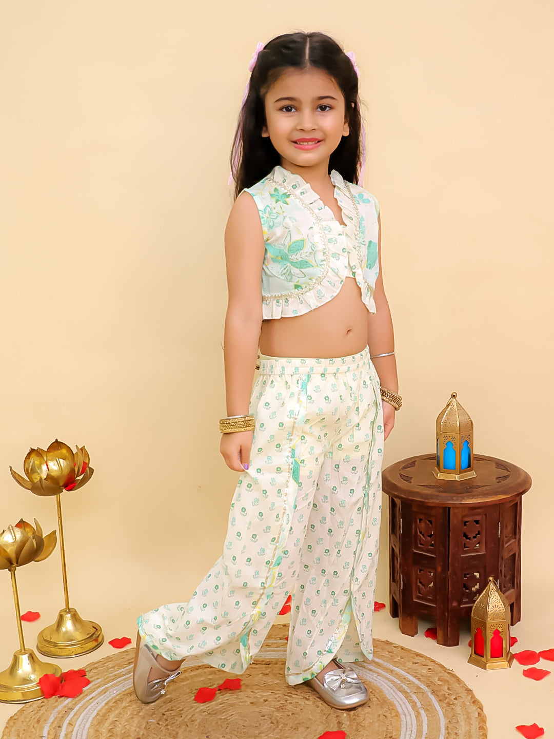 Boys Green Cotton Full sleeves Floral Print Kurta Pyjama Set and Green Cotton Sleeveless Floral Printed Girls Sibling Set - AJ Dezines