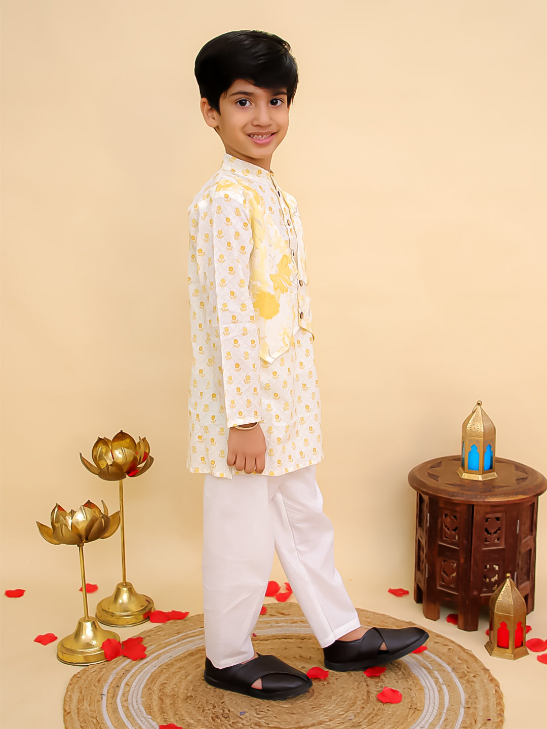 Mustard Cotton Full sleeves Floral Print Kurta Pyjama Set - AJ Dezines