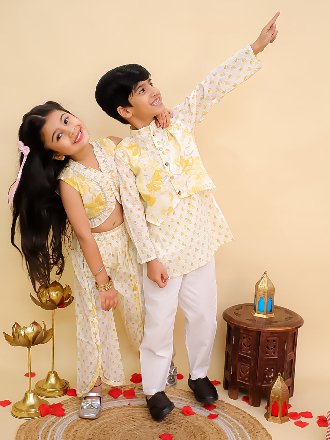 Boys Mustard Cotton Full sleeves Floral Print Kurta Pyjama Set and Mustard Cotton Sleeveless Floral Printed Girls Sibling Set - AJ Dezines