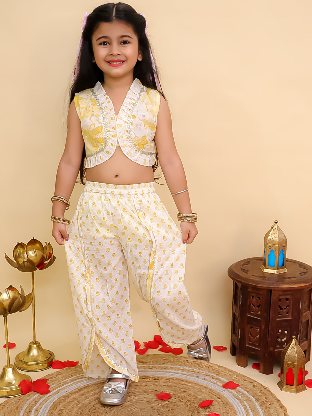 Boys Mustard Cotton Full sleeves Floral Print Kurta Pyjama Set and Mustard Cotton Sleeveless Floral Printed Girls Sibling Set - AJ Dezines