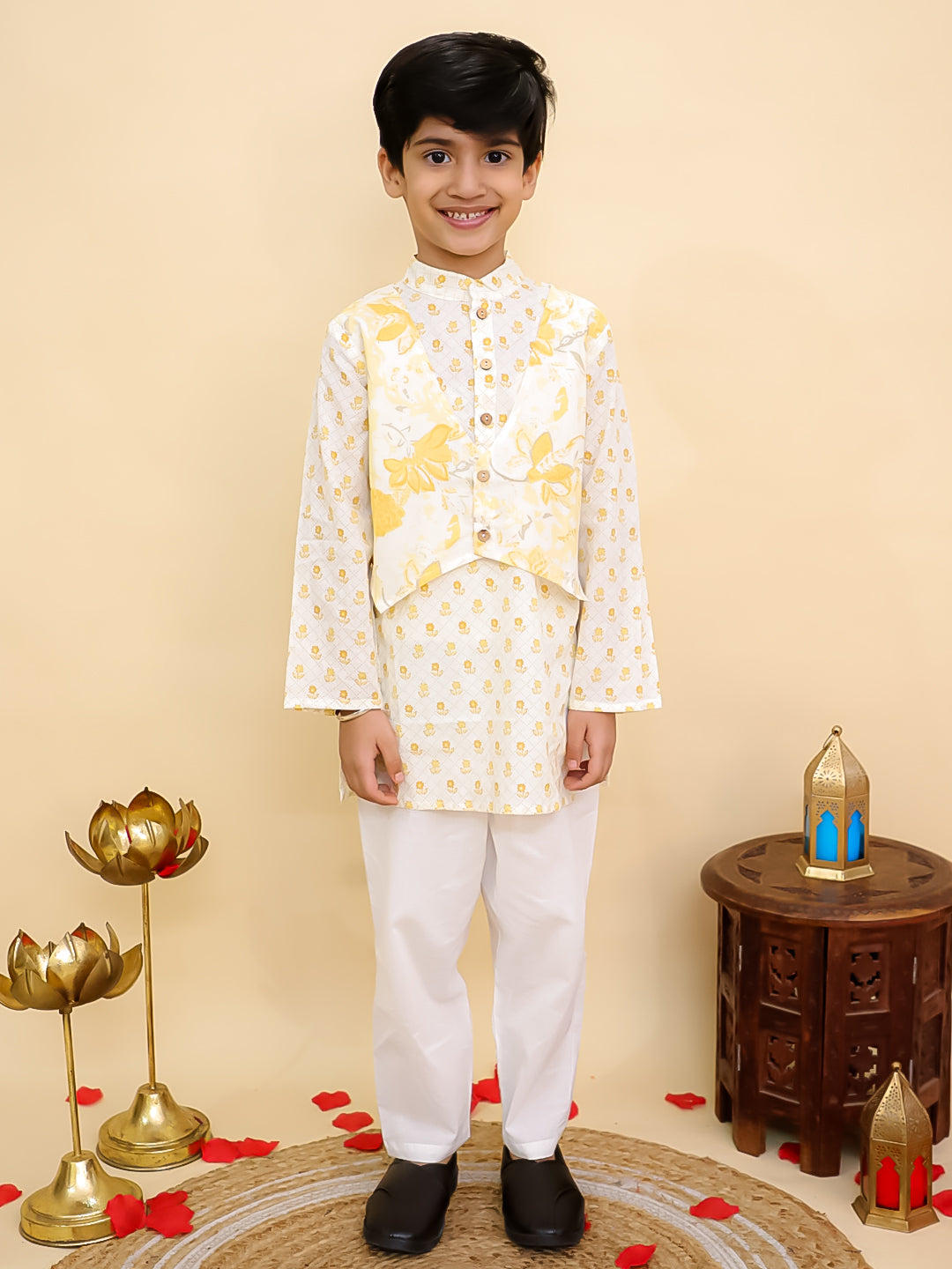 Boys Mustard Cotton Full sleeves Floral Print Kurta Pyjama Set and Mustard Cotton Sleeveless Floral Printed Girls Sibling Set - AJ Dezines