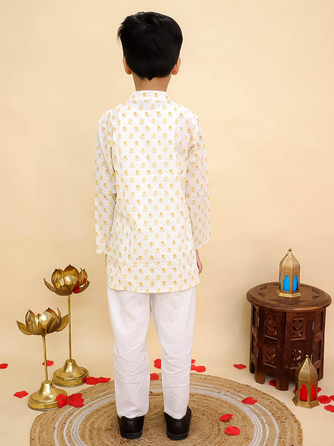 Boys Mustard Cotton Full sleeves Floral Print Kurta Pyjama Set and Mustard Cotton Sleeveless Floral Printed Girls Sibling Set - AJ Dezines