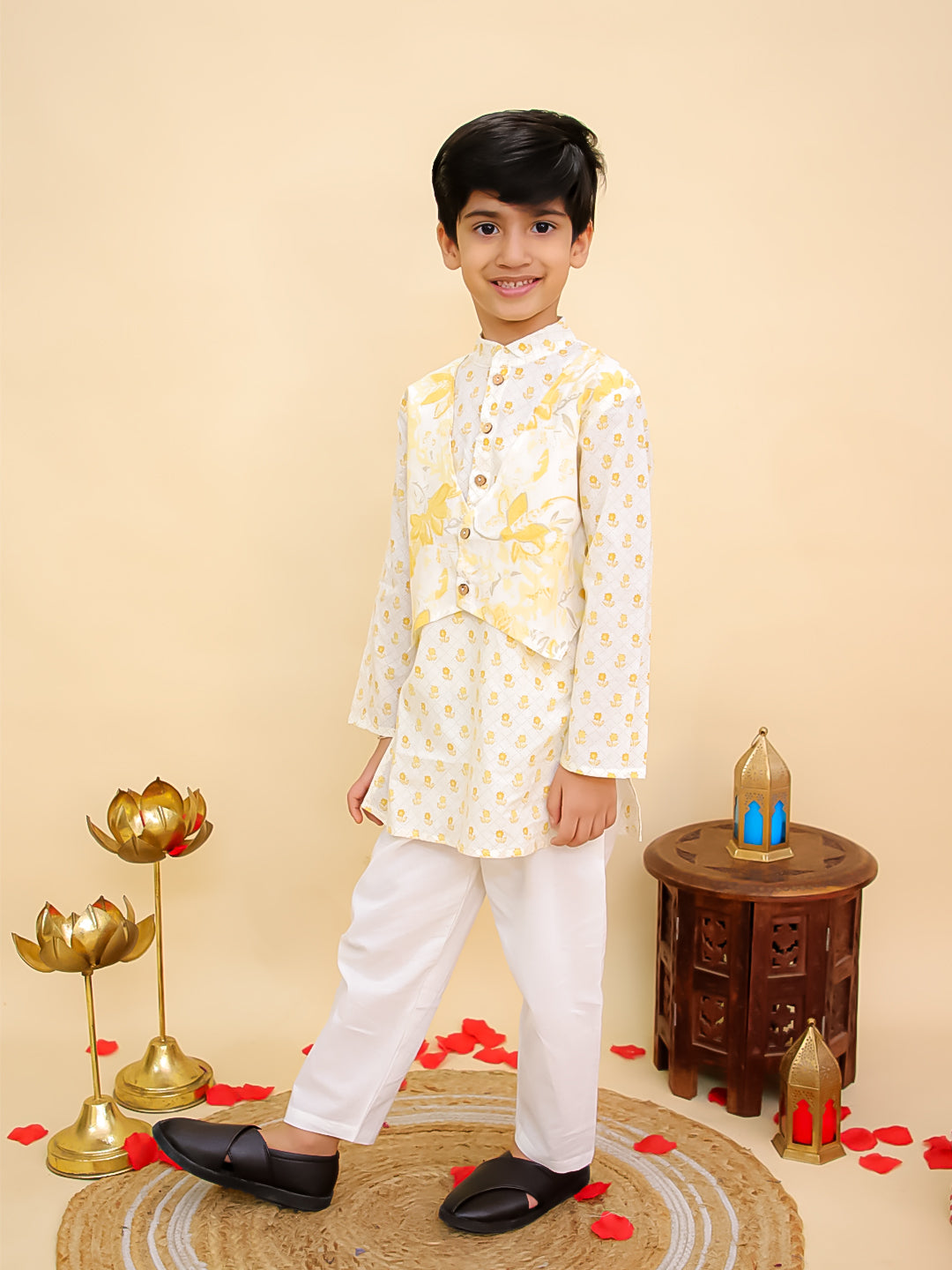 Boys Mustard Cotton Full sleeves Floral Print Kurta Pyjama Set and Mustard Cotton Sleeveless Floral Printed Girls Sibling Set - AJ Dezines