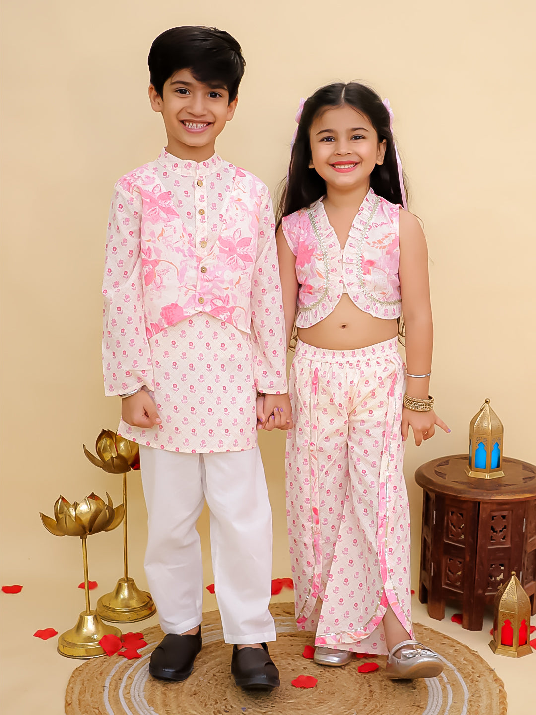 Boys Pink Cotton Full sleeves Floral Print Kurta Pyjama Set and Pink Cotton Sleeveless Floral Printed Girls Sibling Set - AJ Dezines