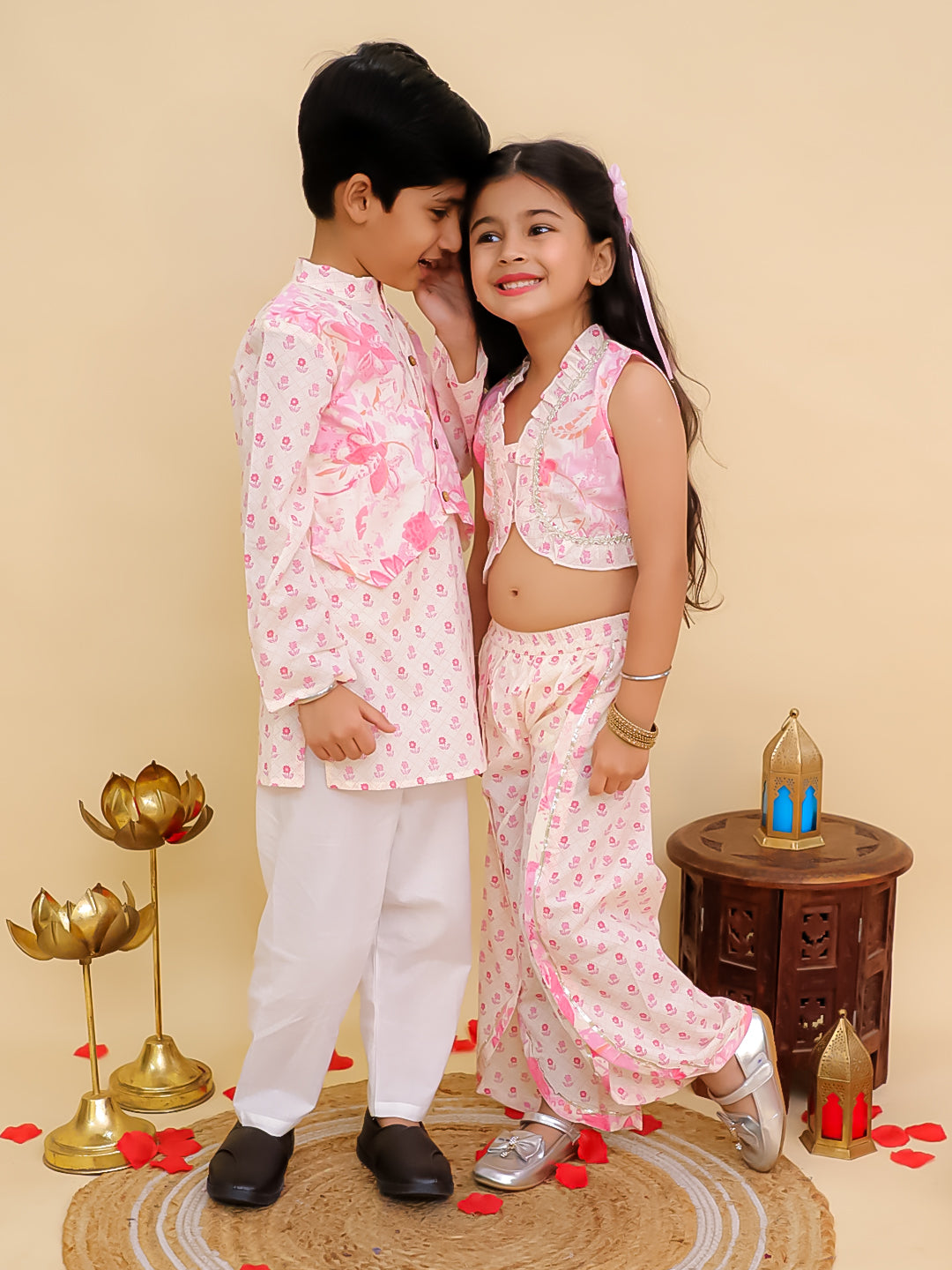 Boys Pink Cotton Full sleeves Floral Print Kurta Pyjama Set and Pink Cotton Sleeveless Floral Printed Girls Sibling Set - AJ Dezines