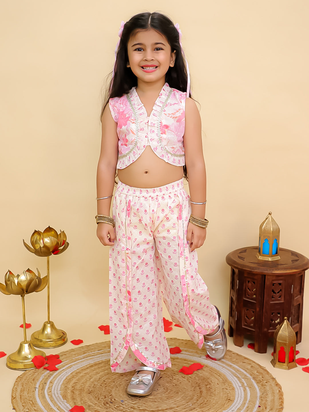 Boys Pink Cotton Full sleeves Floral Print Kurta Pyjama Set and Pink Cotton Sleeveless Floral Printed Girls Sibling Set - AJ Dezines