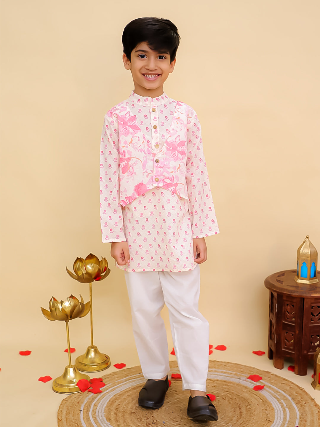 Boys Pink Cotton Full sleeves Floral Print Kurta Pyjama Set and Pink Cotton Sleeveless Floral Printed Girls Sibling Set - AJ Dezines
