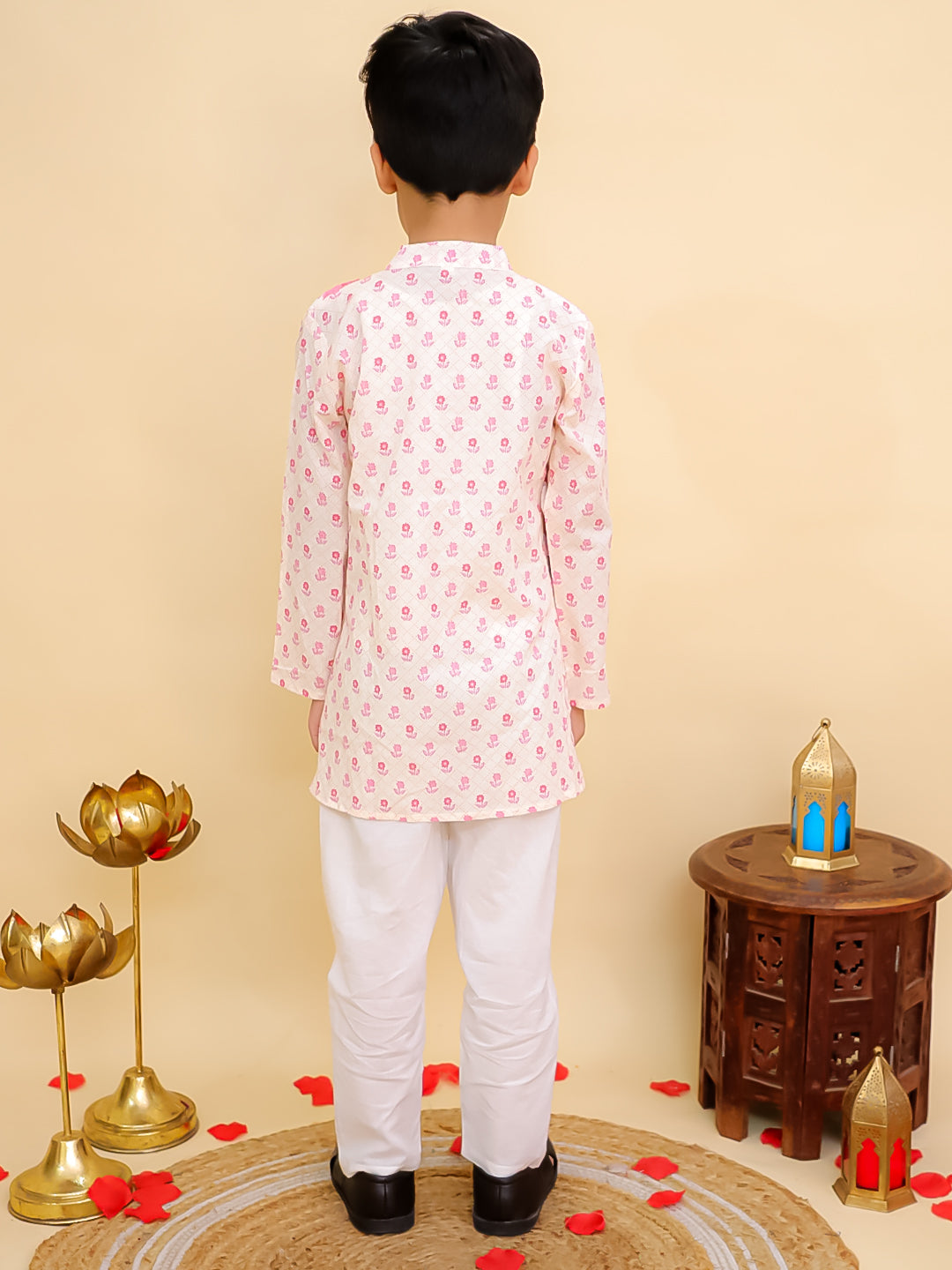 Boys Pink Cotton Full sleeves Floral Print Kurta Pyjama Set and Pink Cotton Sleeveless Floral Printed Girls Sibling Set - AJ Dezines