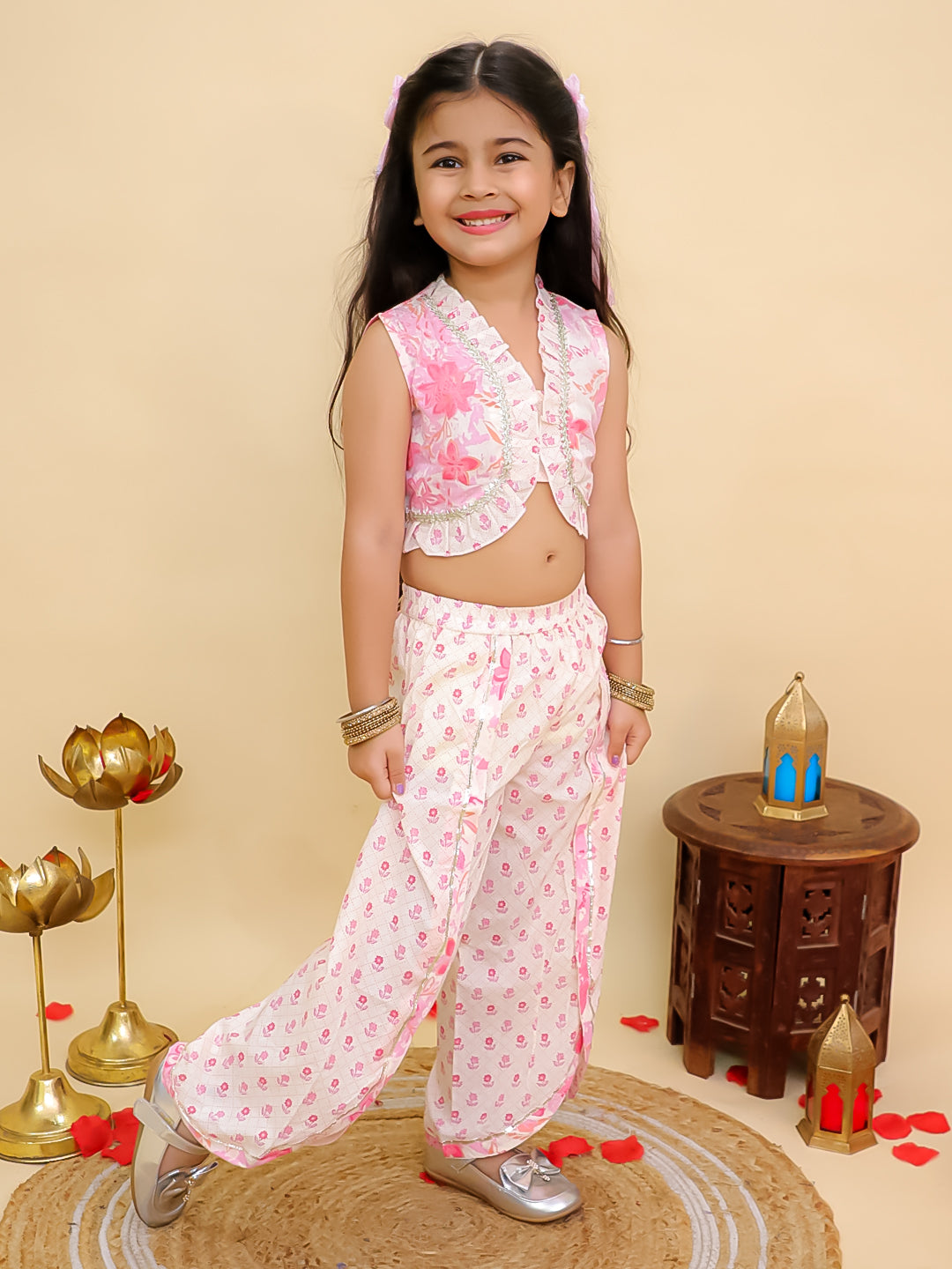 Boys Pink Cotton Full sleeves Floral Print Kurta Pyjama Set and Pink Cotton Sleeveless Floral Printed Girls Sibling Set - AJ Dezines