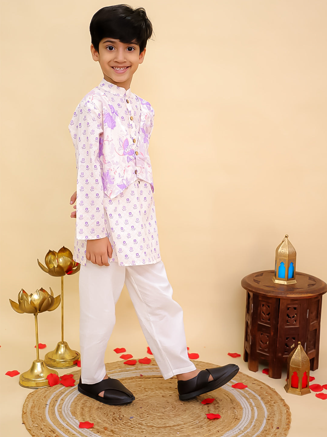 Purple Cotton Full sleeves Floral Print Kurta Pyjama Set - AJ Dezines