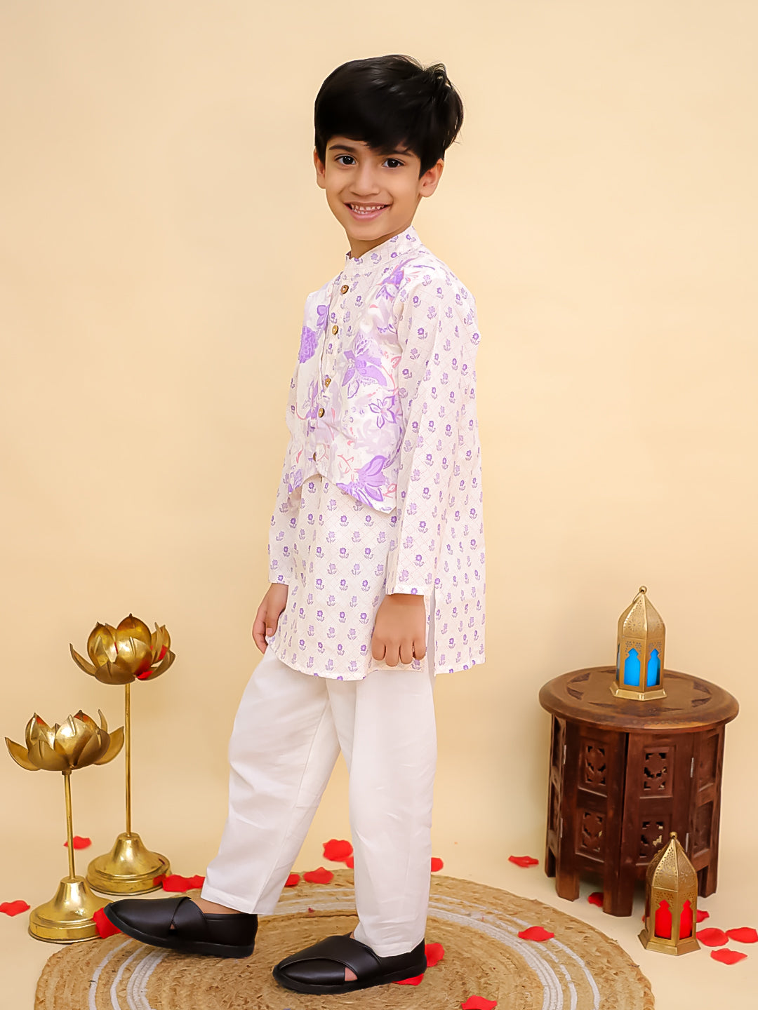 Purple Cotton Full sleeves Floral Print Kurta Pyjama Set - AJ Dezines