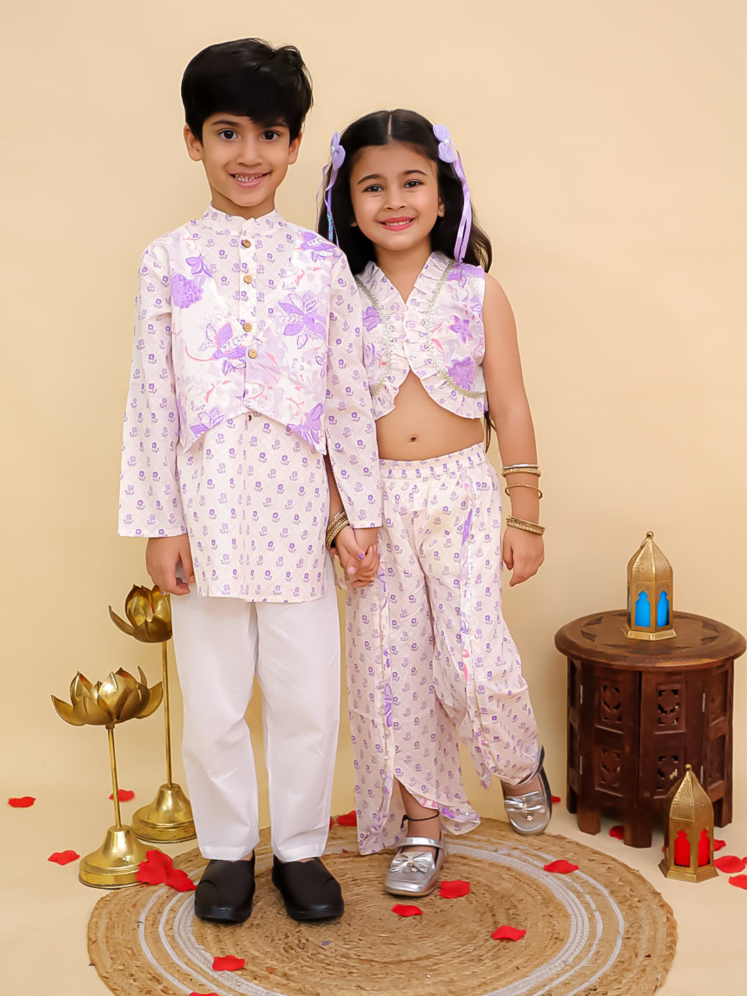 Boys Purple Cotton Full sleeves Floral Print Kurta Pyjama Set and Purple Cotton Sleeveless Floral Printed Girls Sibling Set - AJ Dezines