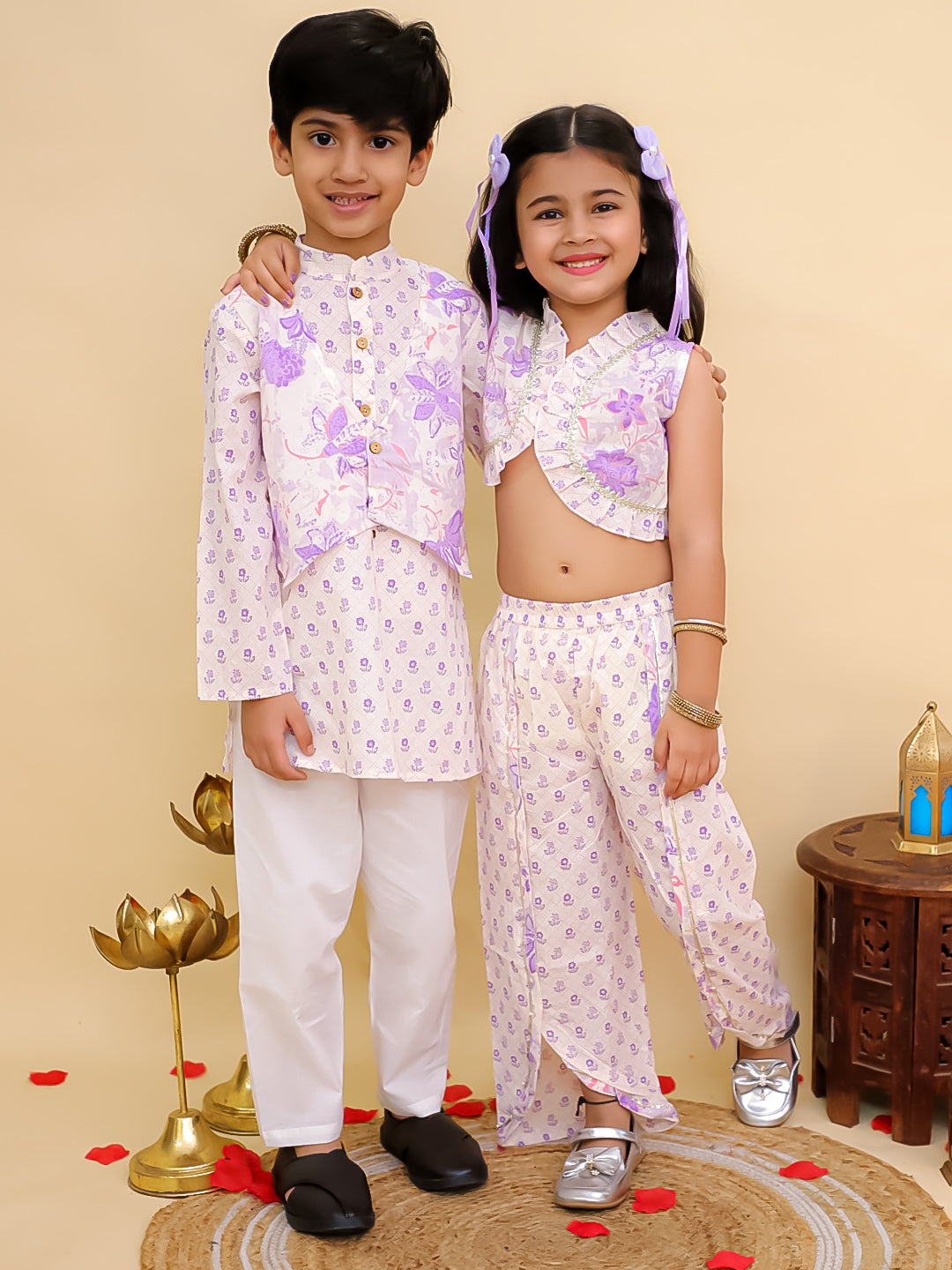 Boys Purple Cotton Full sleeves Floral Print Kurta Pyjama Set and Purple Cotton Sleeveless Floral Printed Girls Sibling Set - AJ Dezines