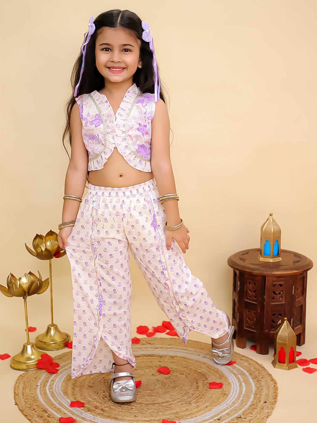Boys Purple Cotton Full sleeves Floral Print Kurta Pyjama Set and Purple Cotton Sleeveless Floral Printed Girls Sibling Set - AJ Dezines