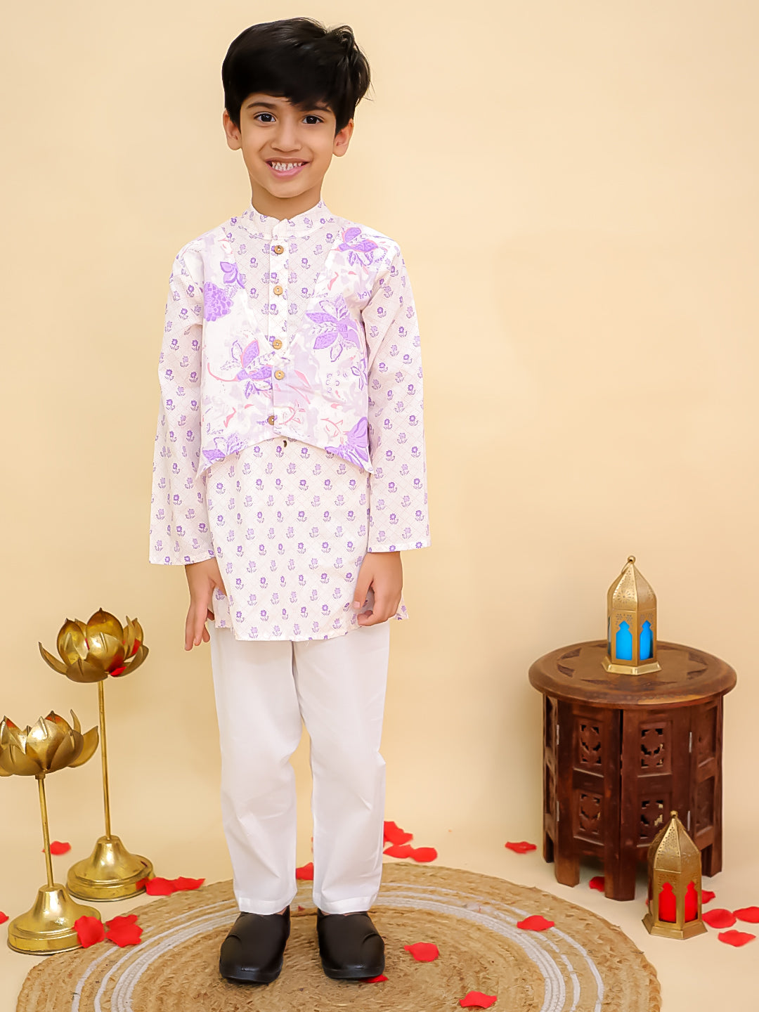 Boys Purple Cotton Full sleeves Floral Print Kurta Pyjama Set and Purple Cotton Sleeveless Floral Printed Girls Sibling Set - AJ Dezines