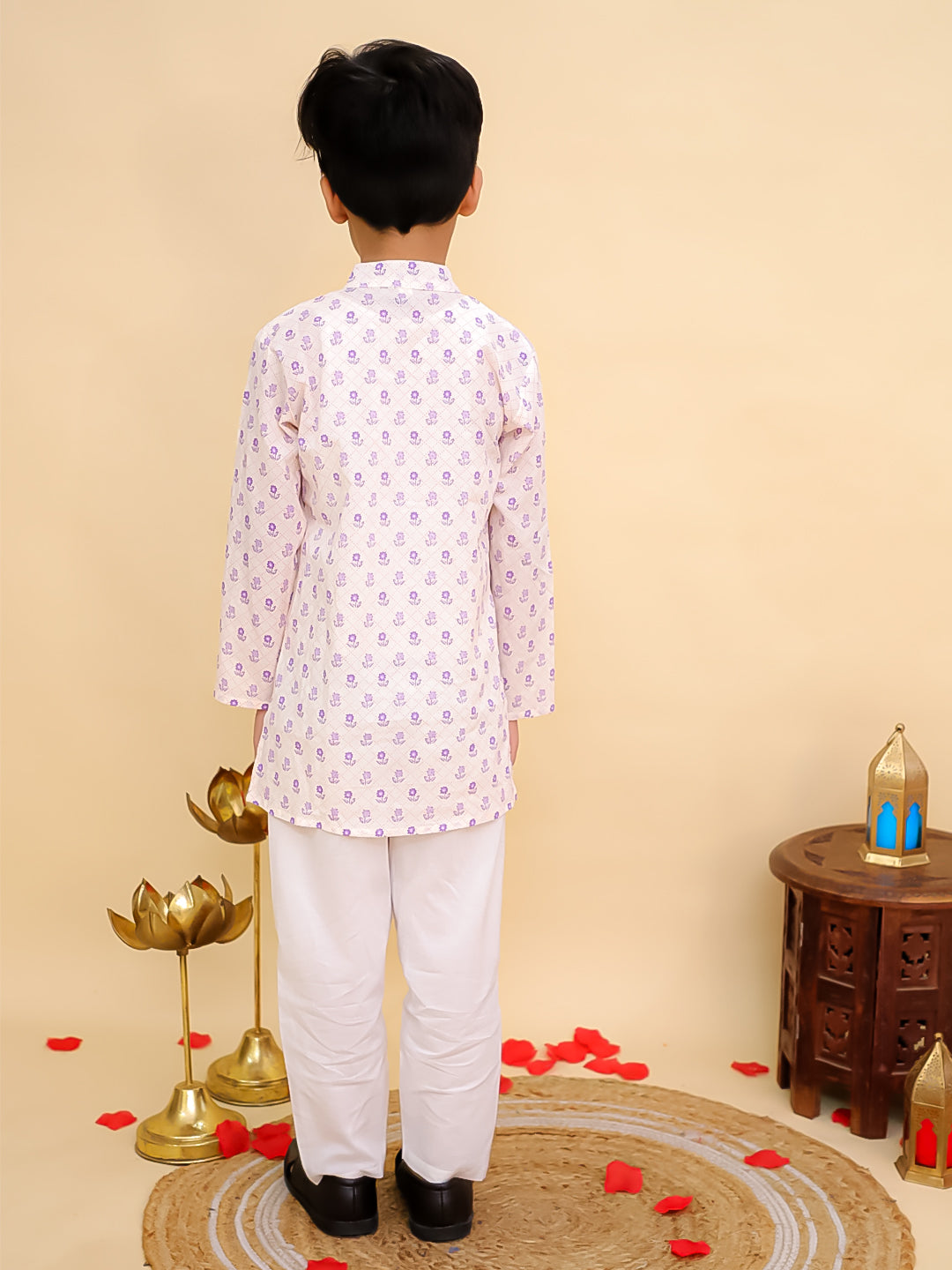 Boys Purple Cotton Full sleeves Floral Print Kurta Pyjama Set and Purple Cotton Sleeveless Floral Printed Girls Sibling Set - AJ Dezines