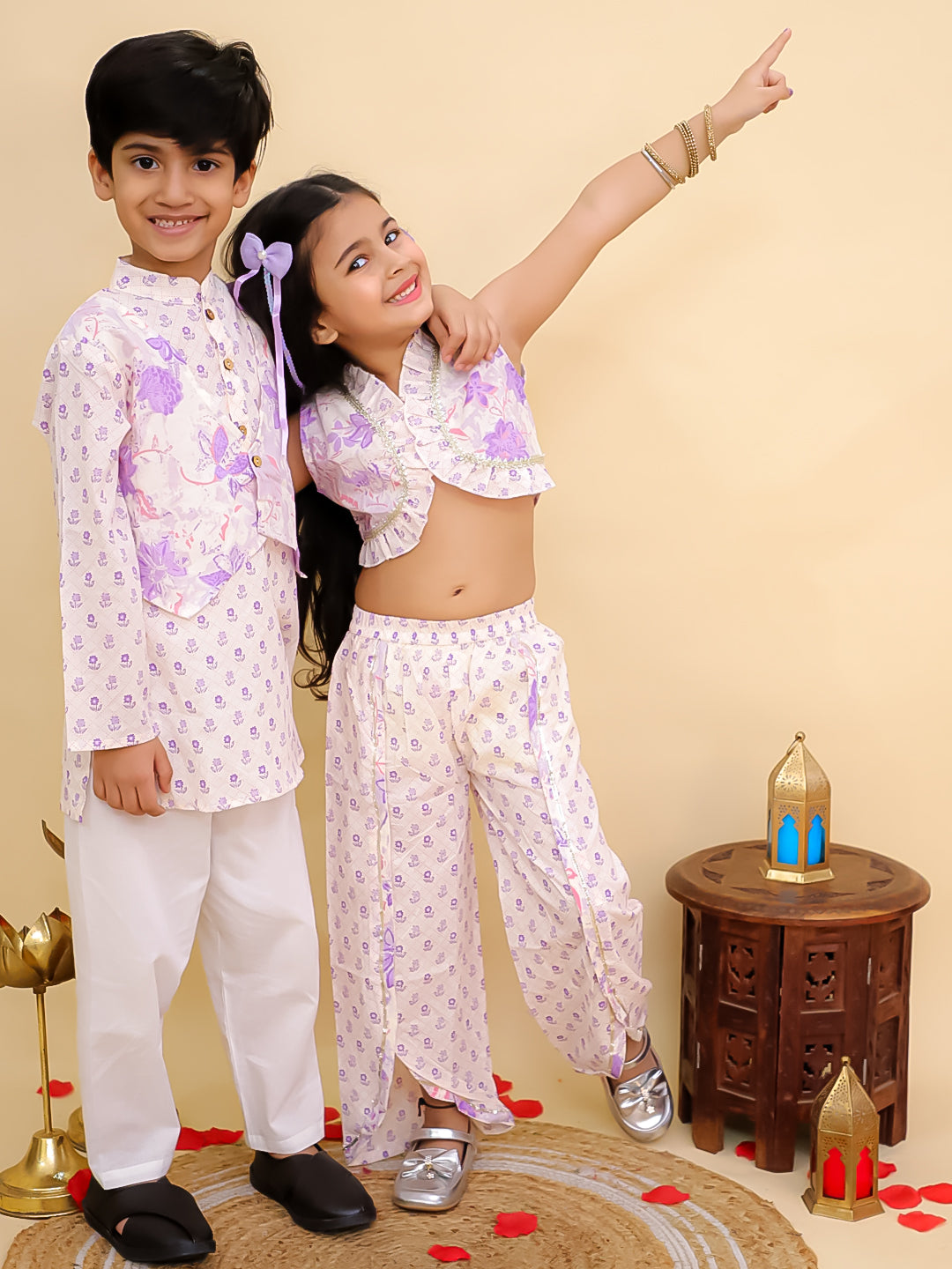 Boys Purple Cotton Full sleeves Floral Print Kurta Pyjama Set and Purple Cotton Sleeveless Floral Printed Girls Sibling Set - AJ Dezines