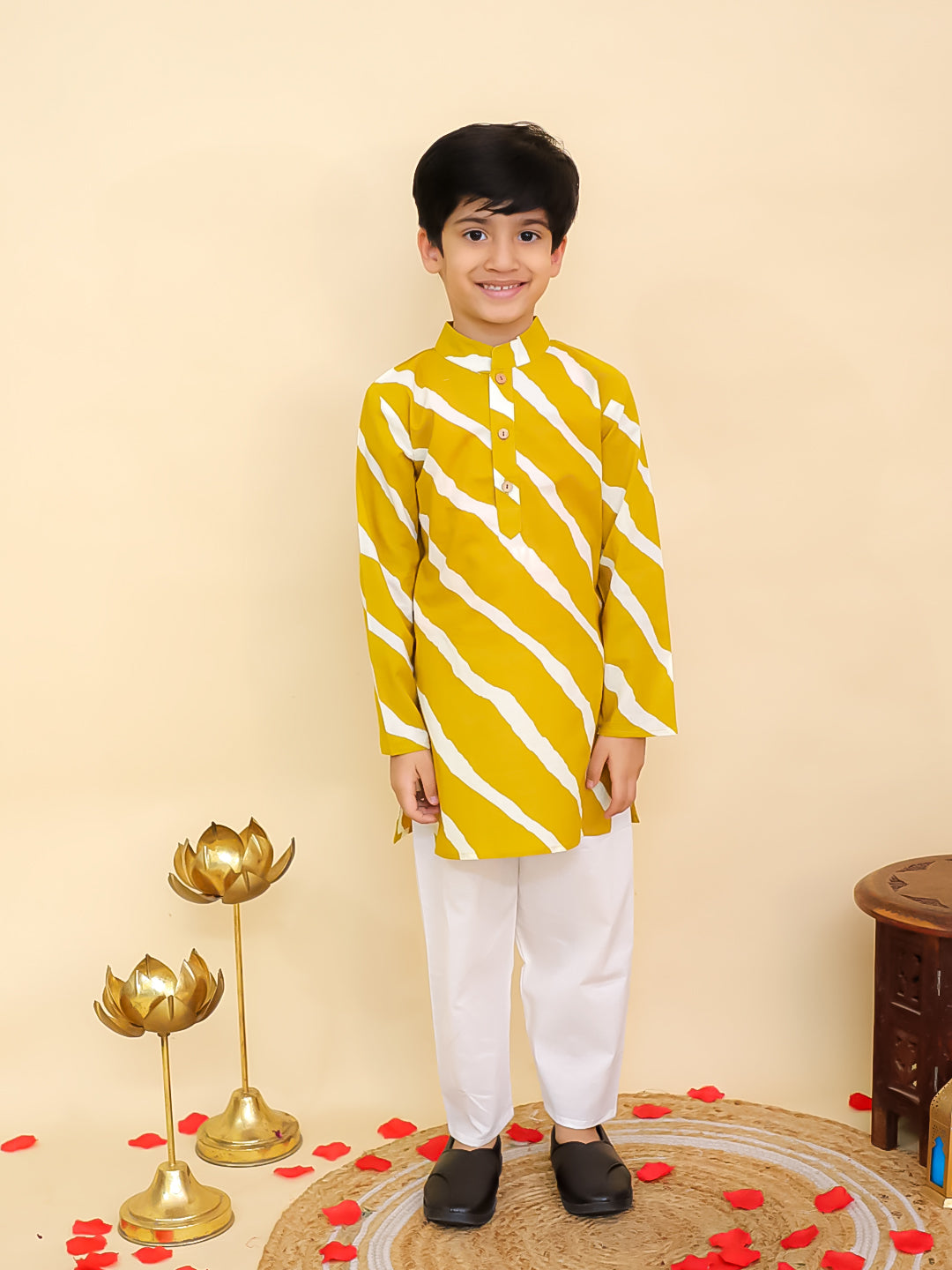 Mustard Cotton Full sleeves Leheriya Print Kurta Pyjama Set - AJ Dezines